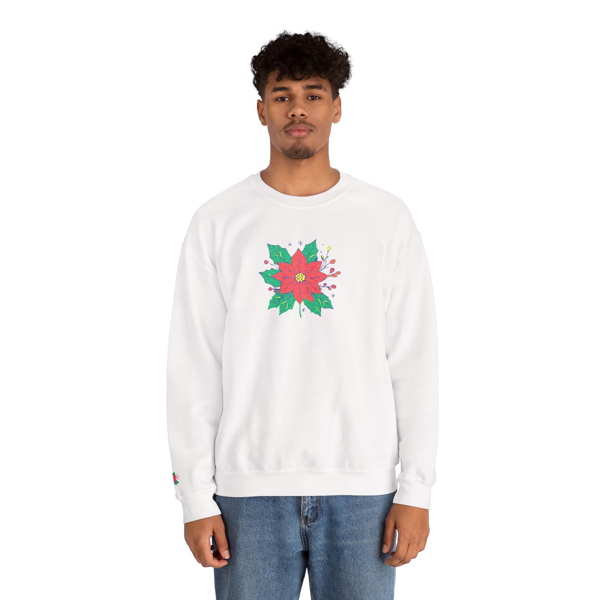 Embroidered Poinsettia Floral Crewneck Sweatshirt Holiday Christmas Sweatshirt