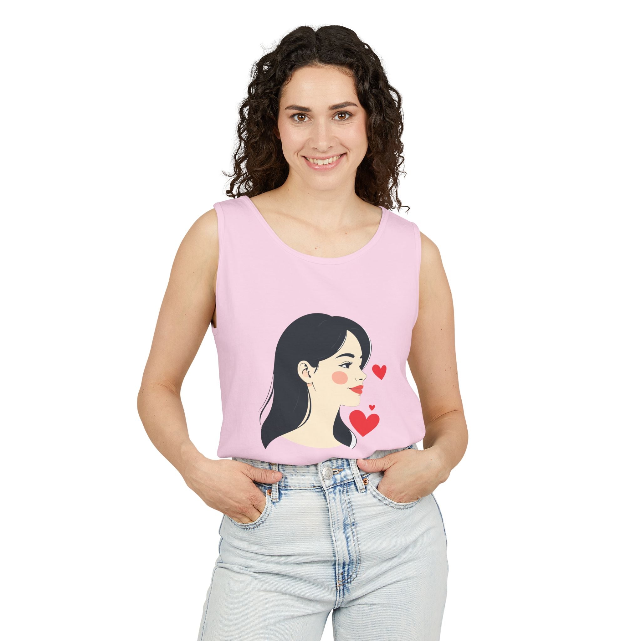 Kawaii Girl Portrait Tank Top Cute Heart Illustration Graphic Tank