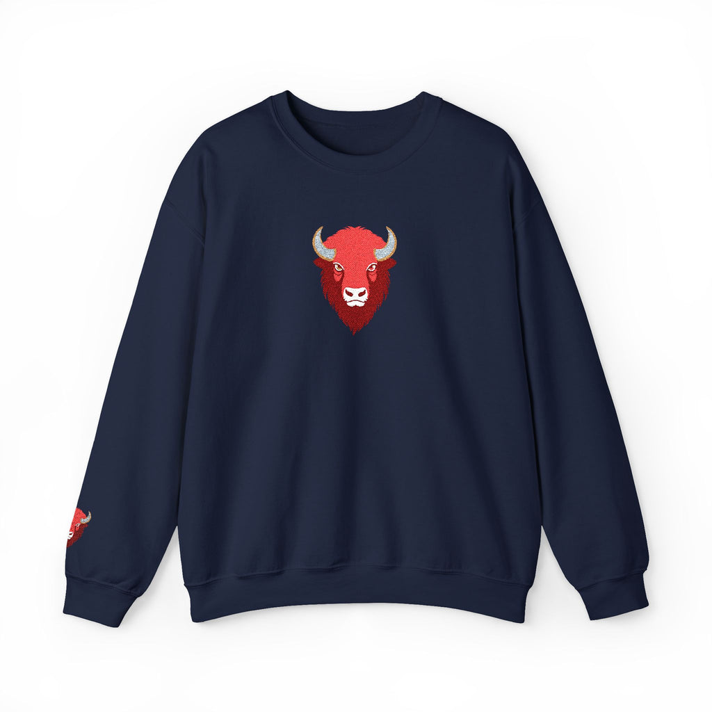 Navy blue sweatshirt with a red bull logo on a white background