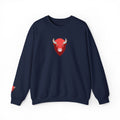 Navy blue sweatshirt with a red bull logo on a white background
