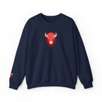 Navy blue sweatshirt with a red bull logo on a white background