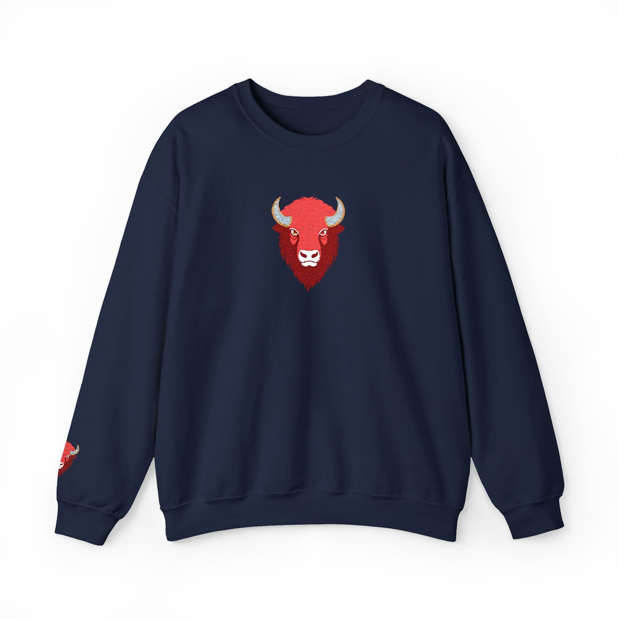Navy blue sweatshirt with a red bull logo on a white background