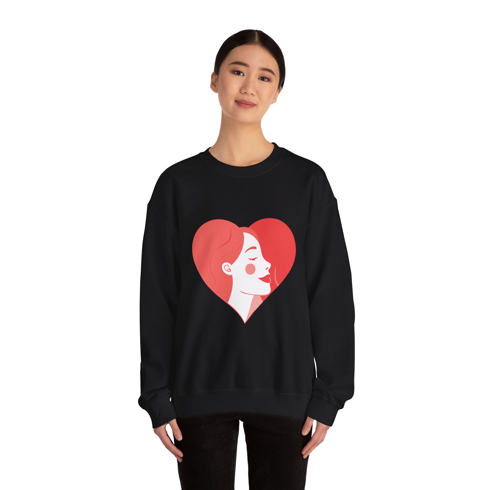 Heart Profile Crewneck Sweatshirt — Minimal Red Heart Portrait Graphic, Women face in Heart