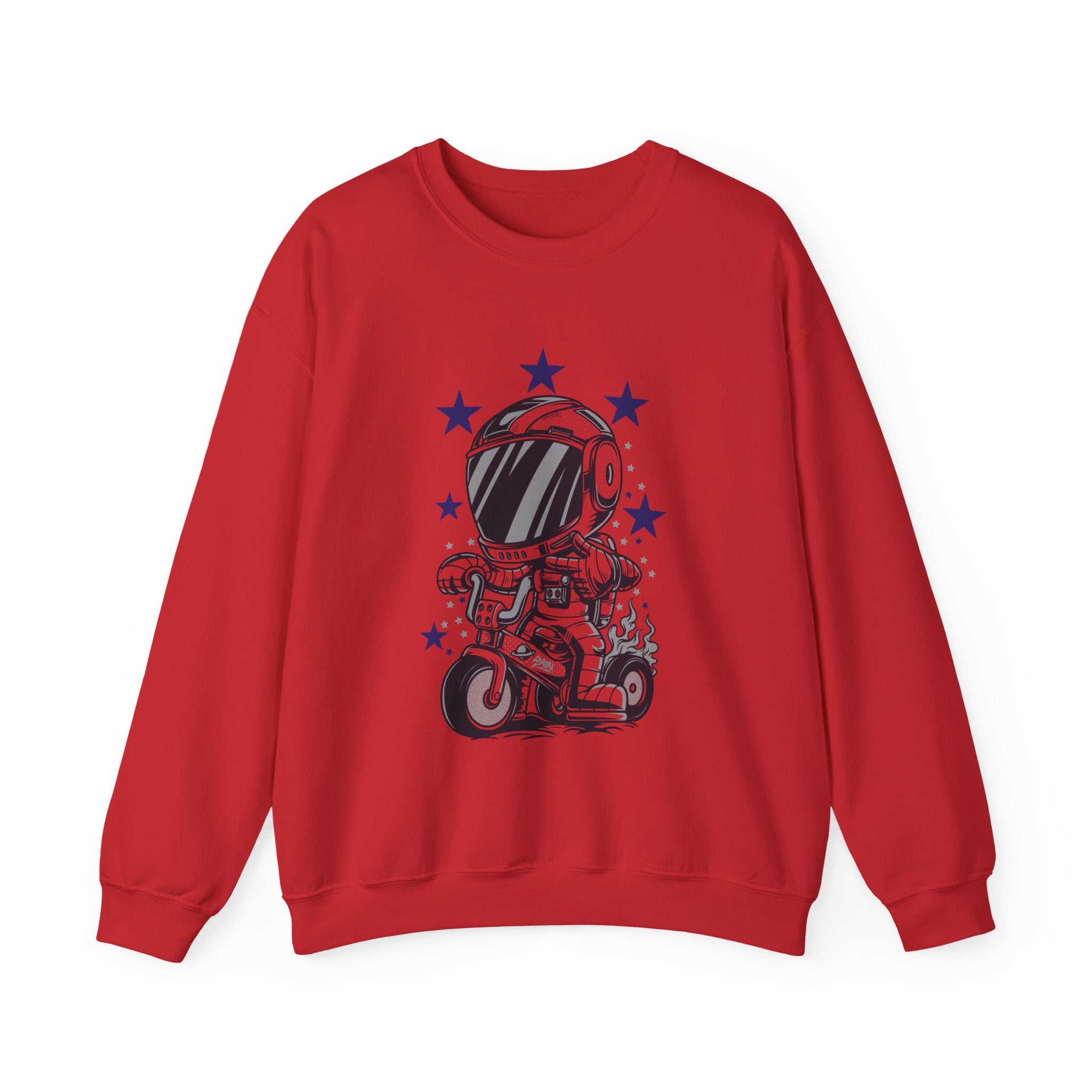 Astronaut Riding Scooter Crewneck Sweatshirt Retro Space Biker Graphic