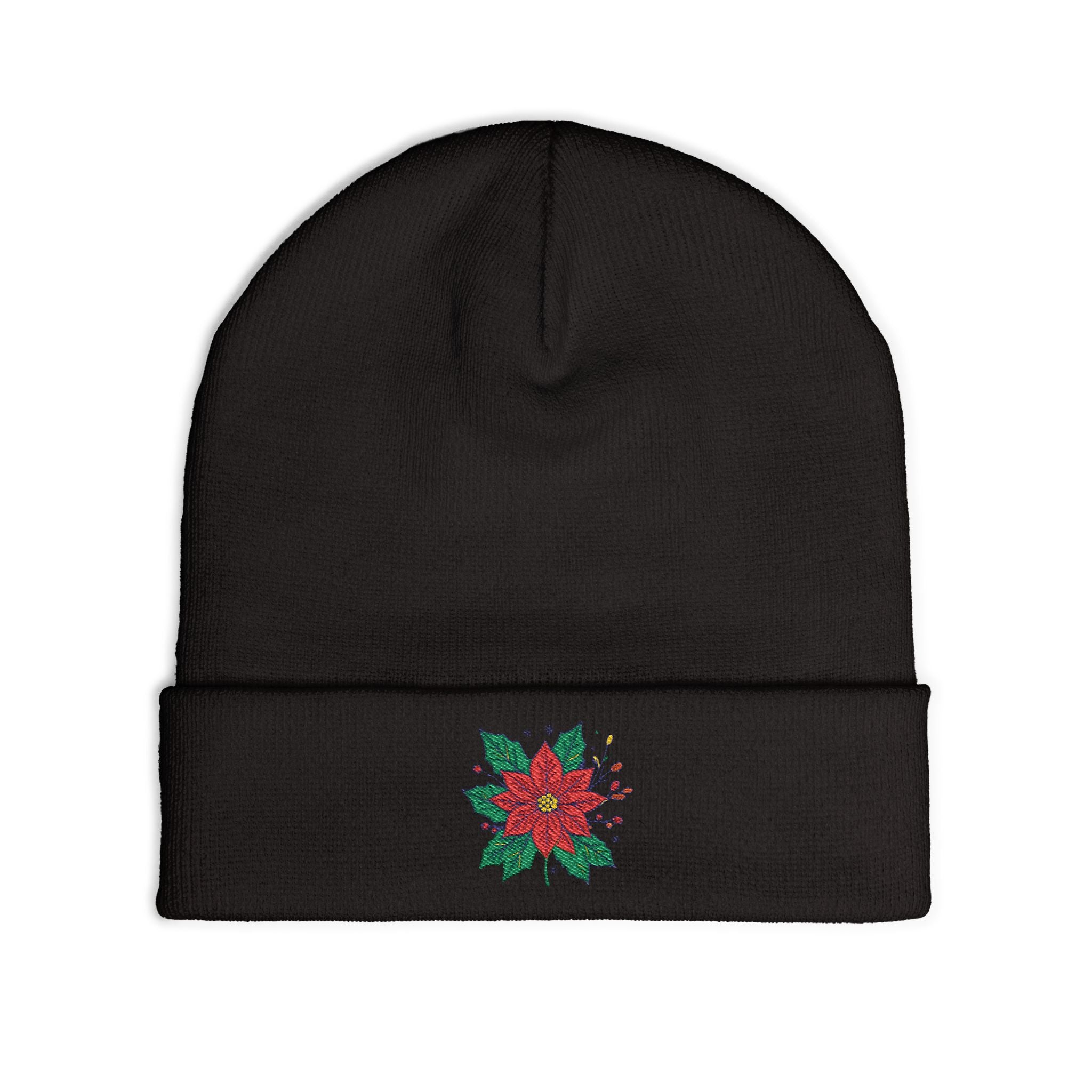 Poinsettia Embroidered Knit Beanie Holiday Floral Winter Hat