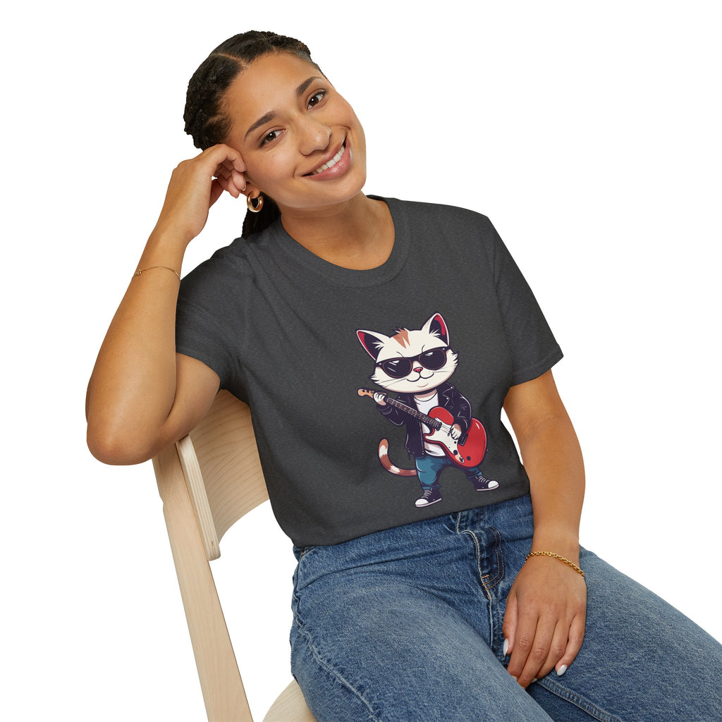 Cat Rocker T-Shirt Cool Sunglasses Cat Playing Guitar Graphic Tee