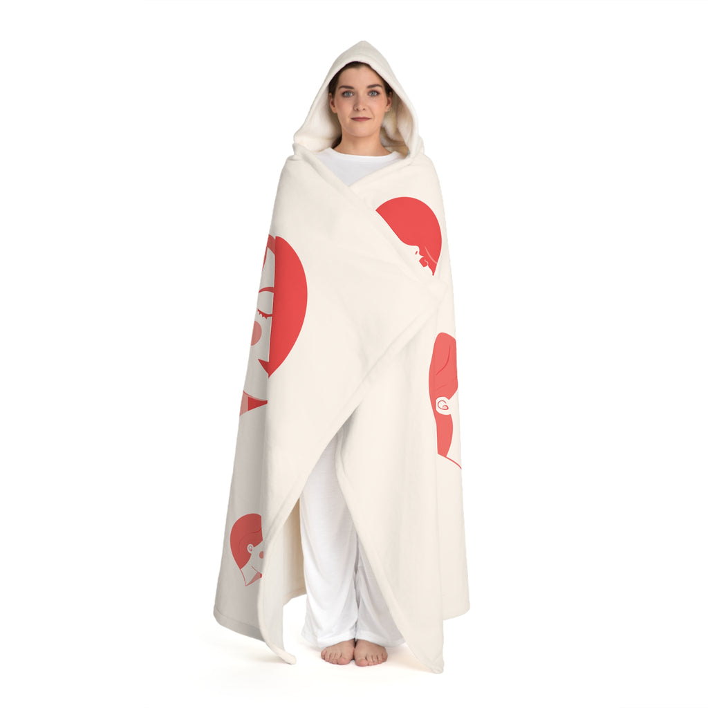 Hooded Sherpa Blanket – Cozy Cream Fleece with Red Heart Fox Design