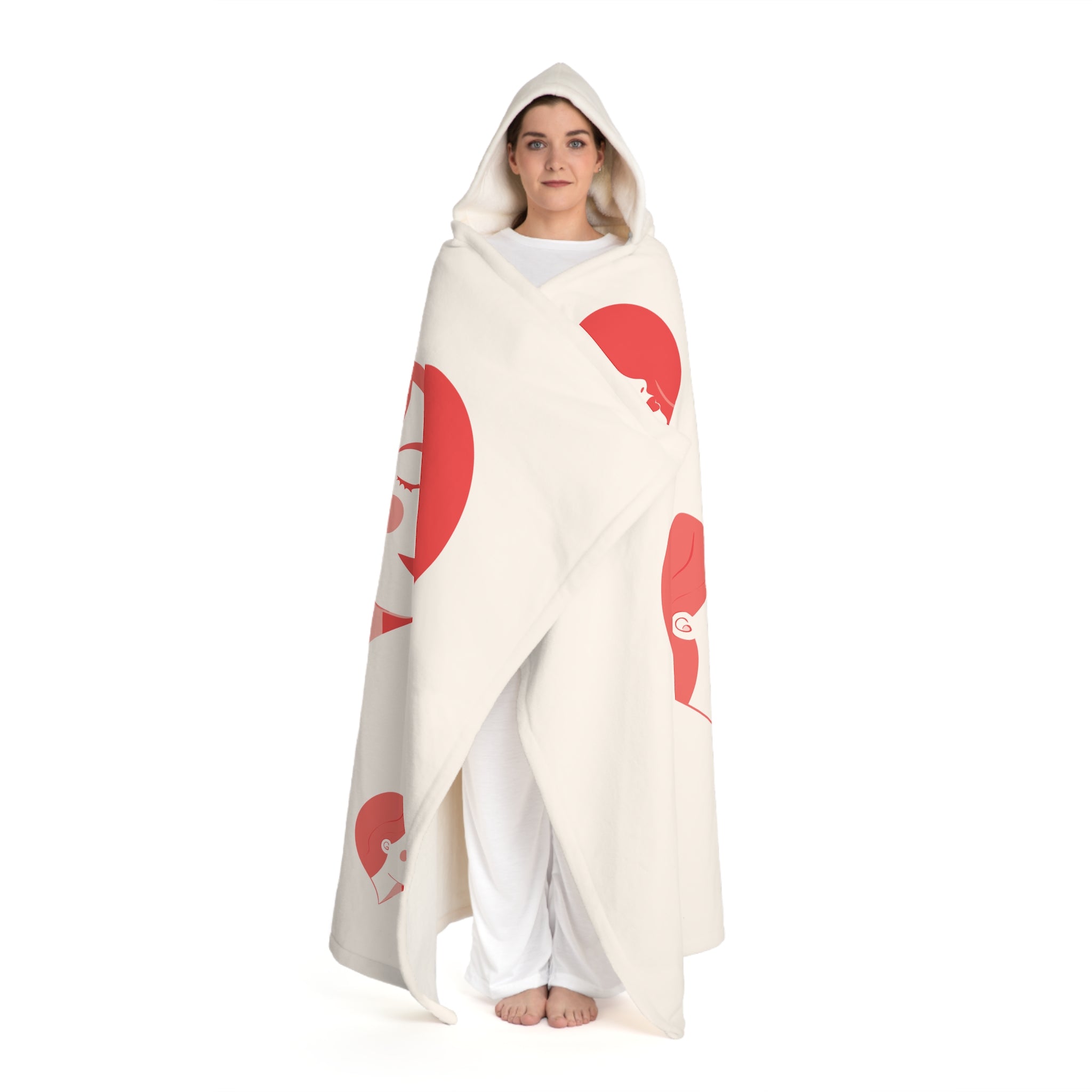 Hooded Sherpa Blanket – Cozy Cream Fleece with Red Heart Fox Design