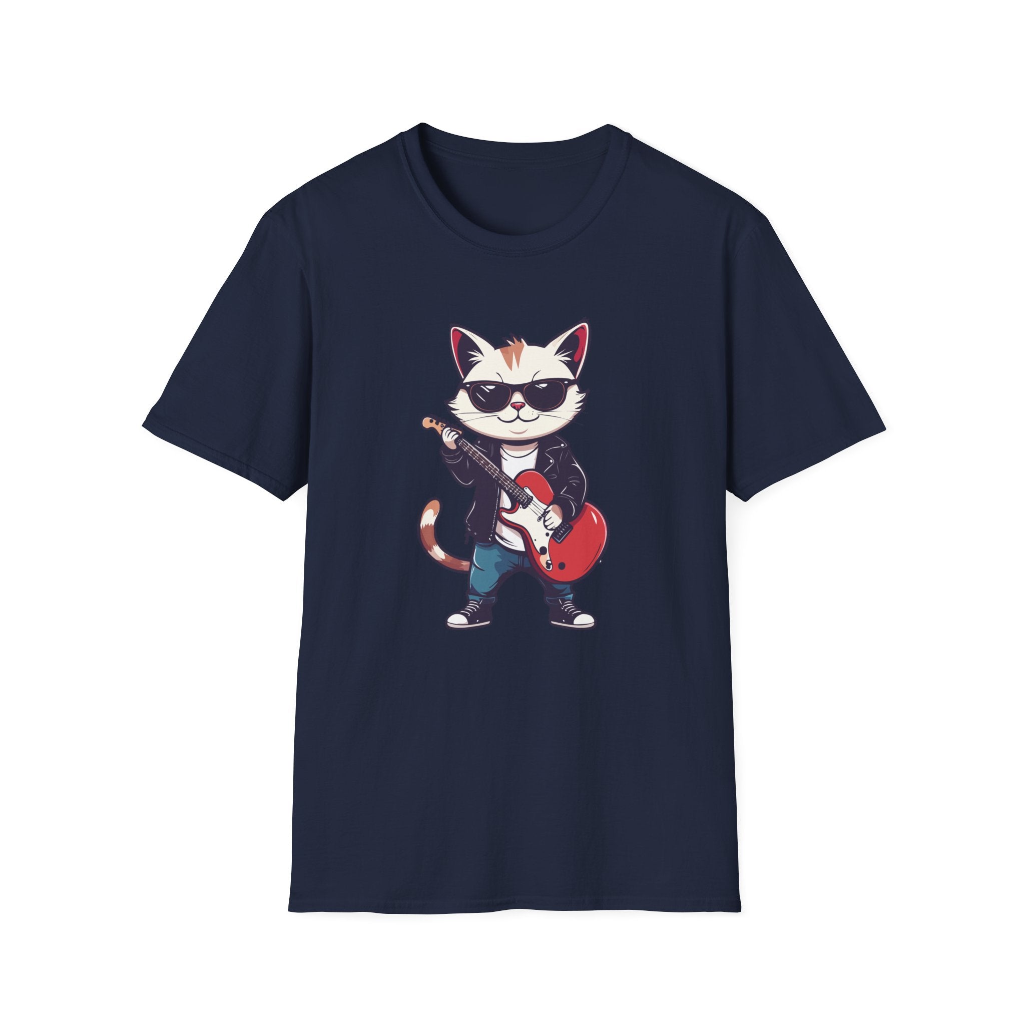 Cat Rocker T-Shirt Cool Sunglasses Cat Playing Guitar Graphic Tee