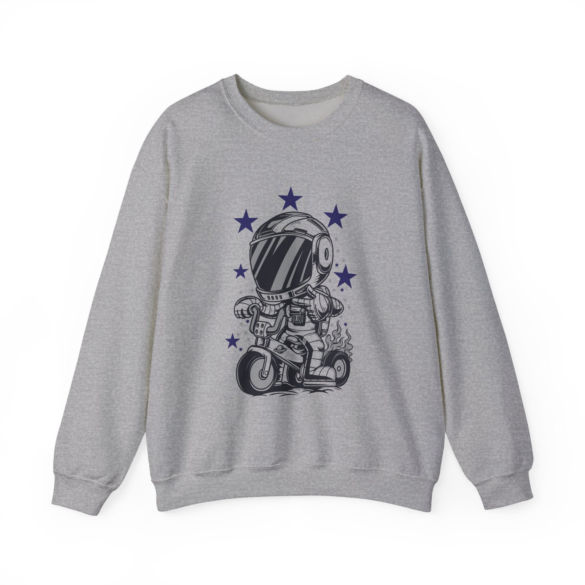 Astronaut Riding Scooter Crewneck Sweatshirt Retro Space Biker Graphic