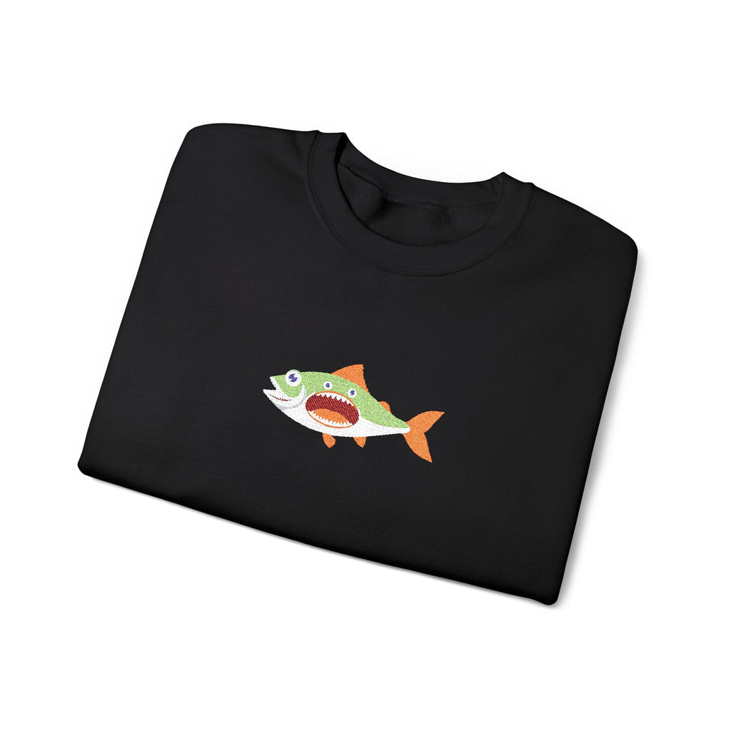 Black sweatshirt with a fish graphic on a white background