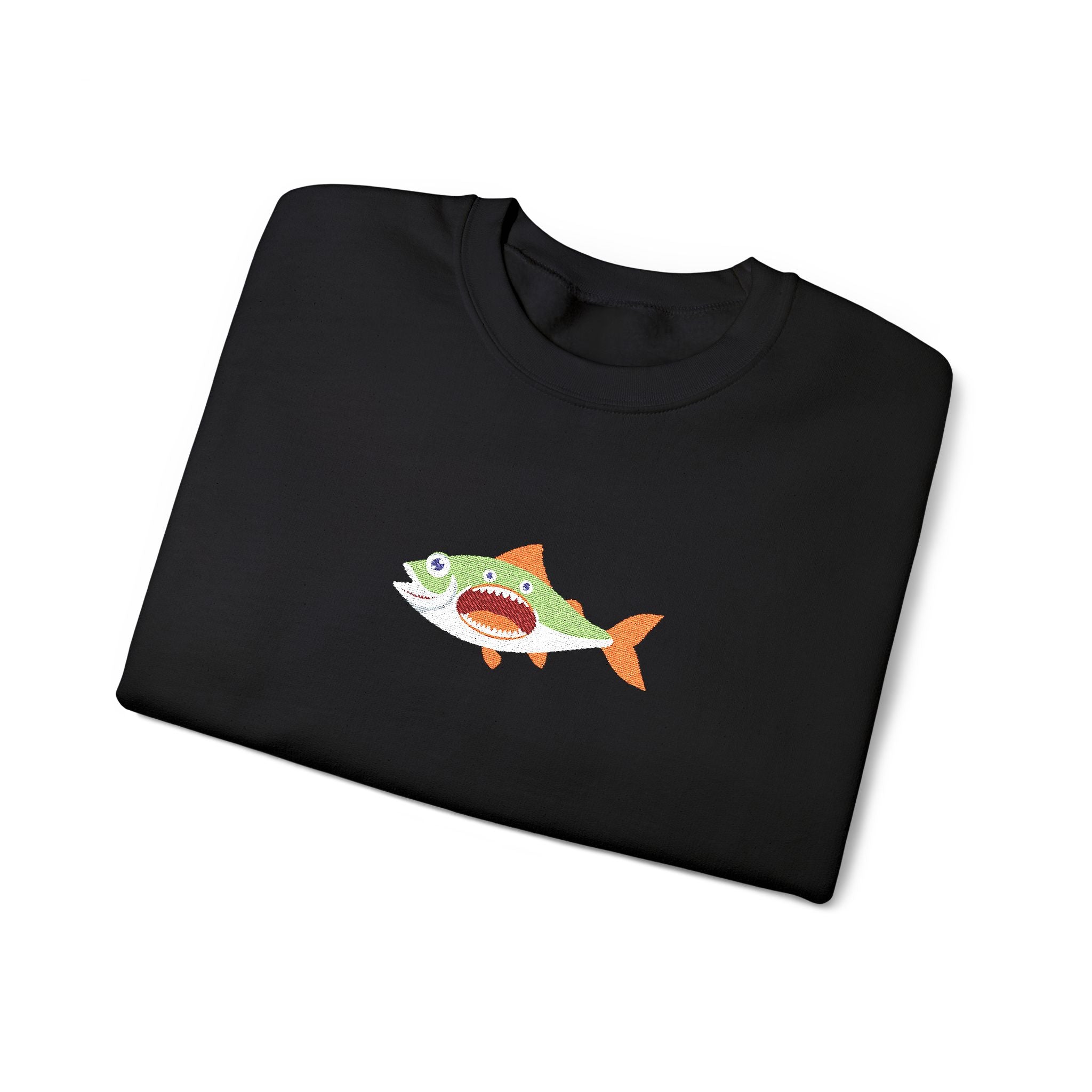 Black sweatshirt with a fish graphic on a white background