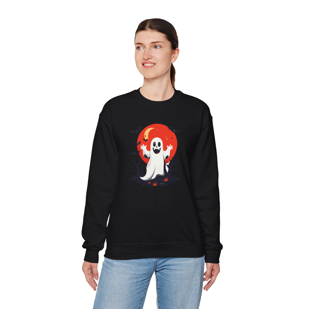 Crewneck Sweatshirt - Cute Ghost & Red Moon Halloween Design