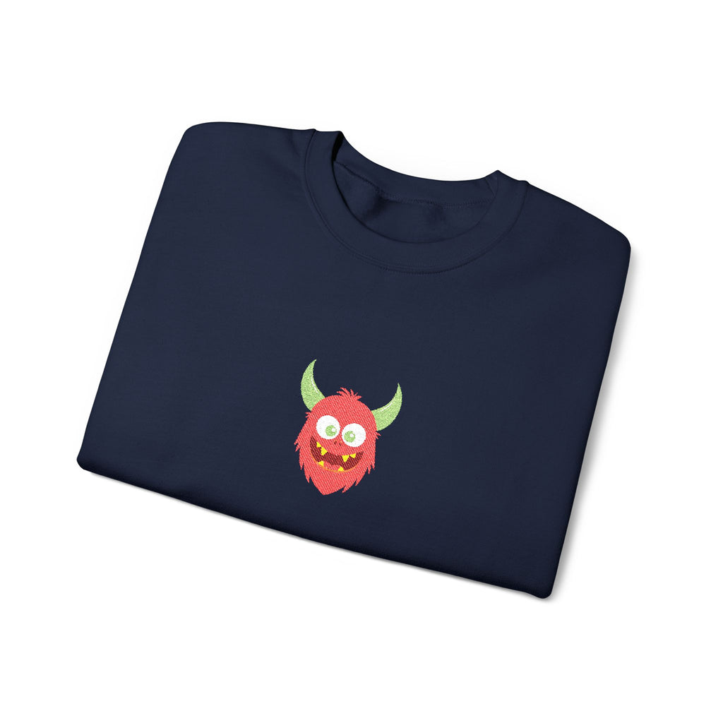 Black sweatshirt with a red monster face design on a white background