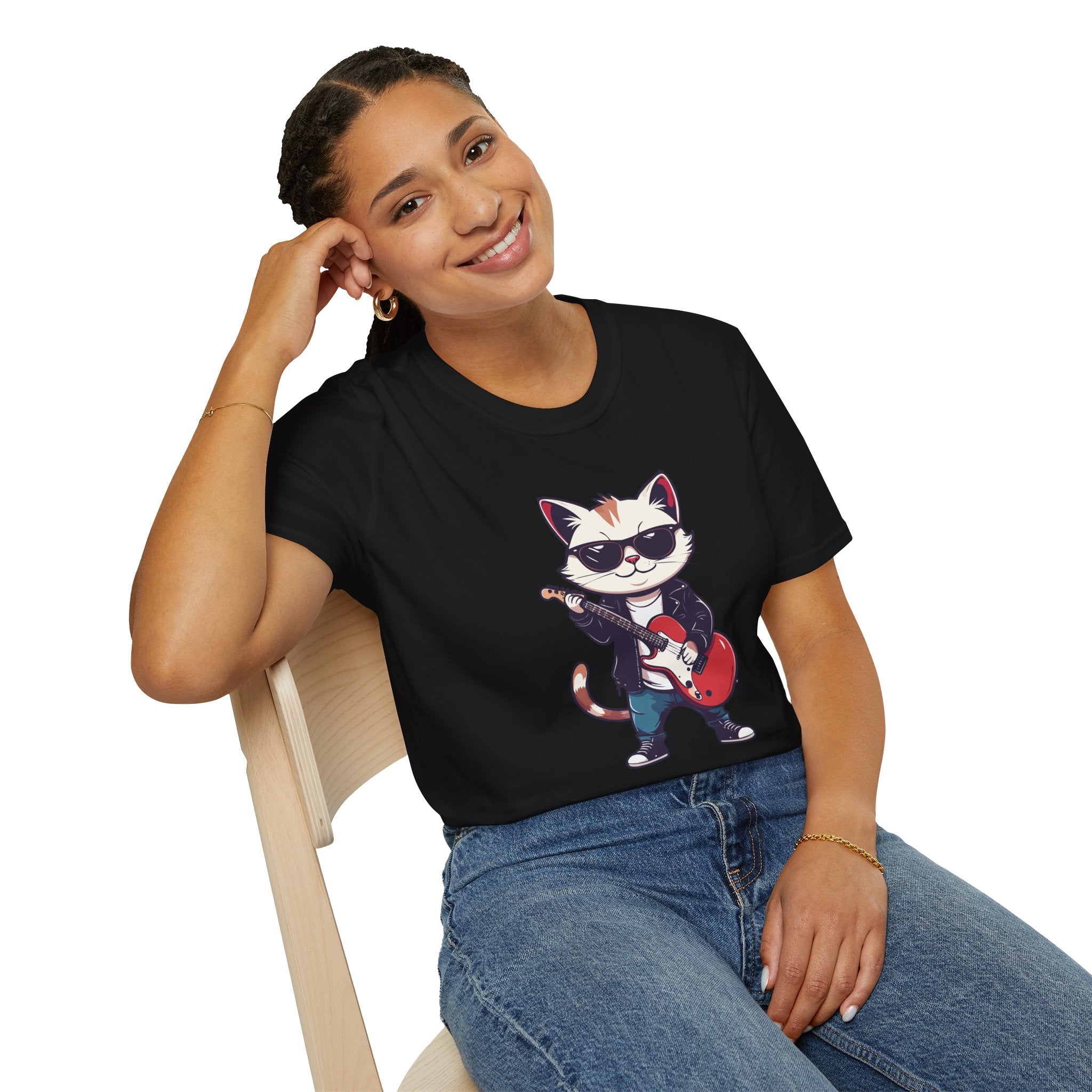 Cat Rocker T-Shirt Cool Sunglasses Cat Playing Guitar Graphic Tee