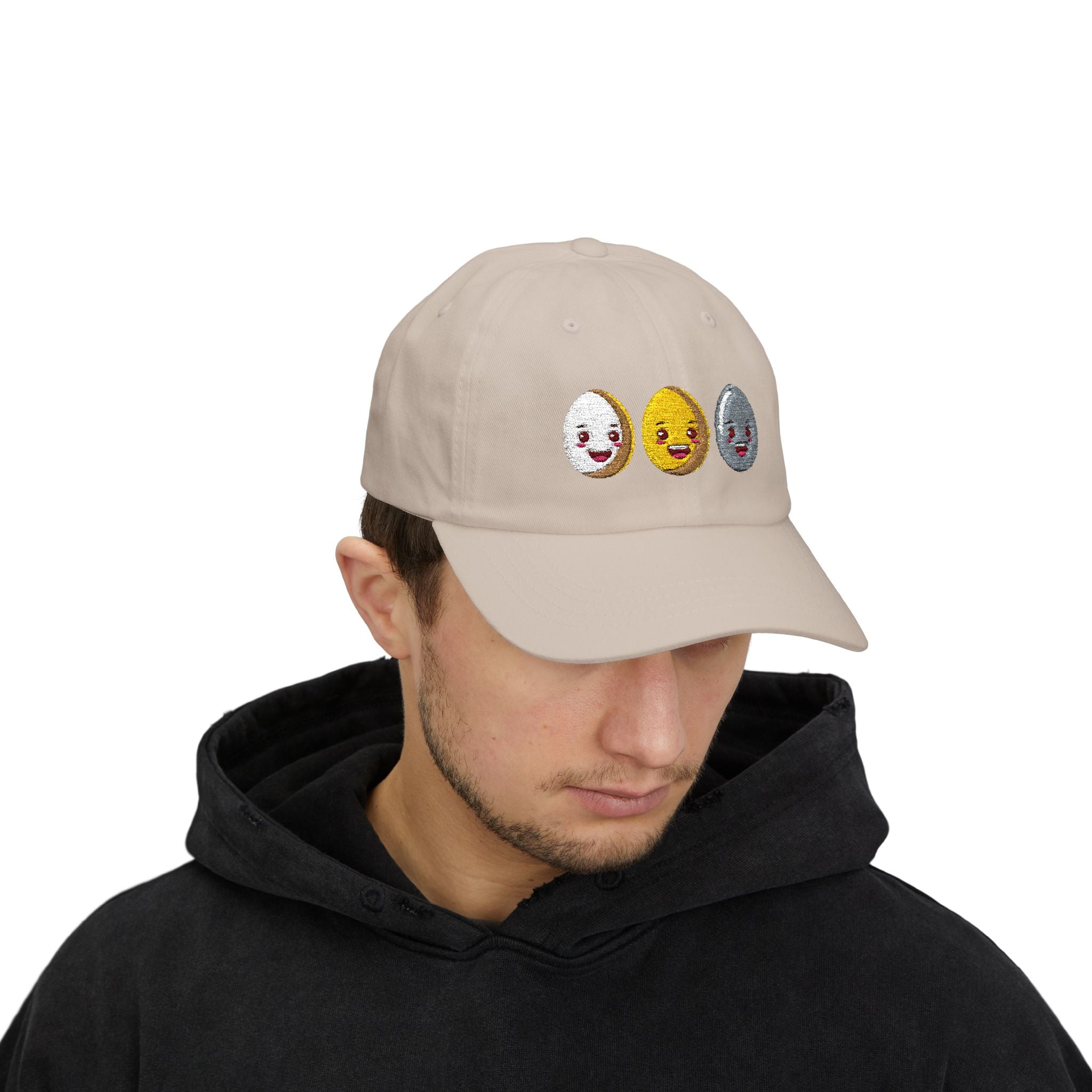 Dad Cap Sequin Egg Trio Embroidered Hat (Cute Breakfast Emoji)