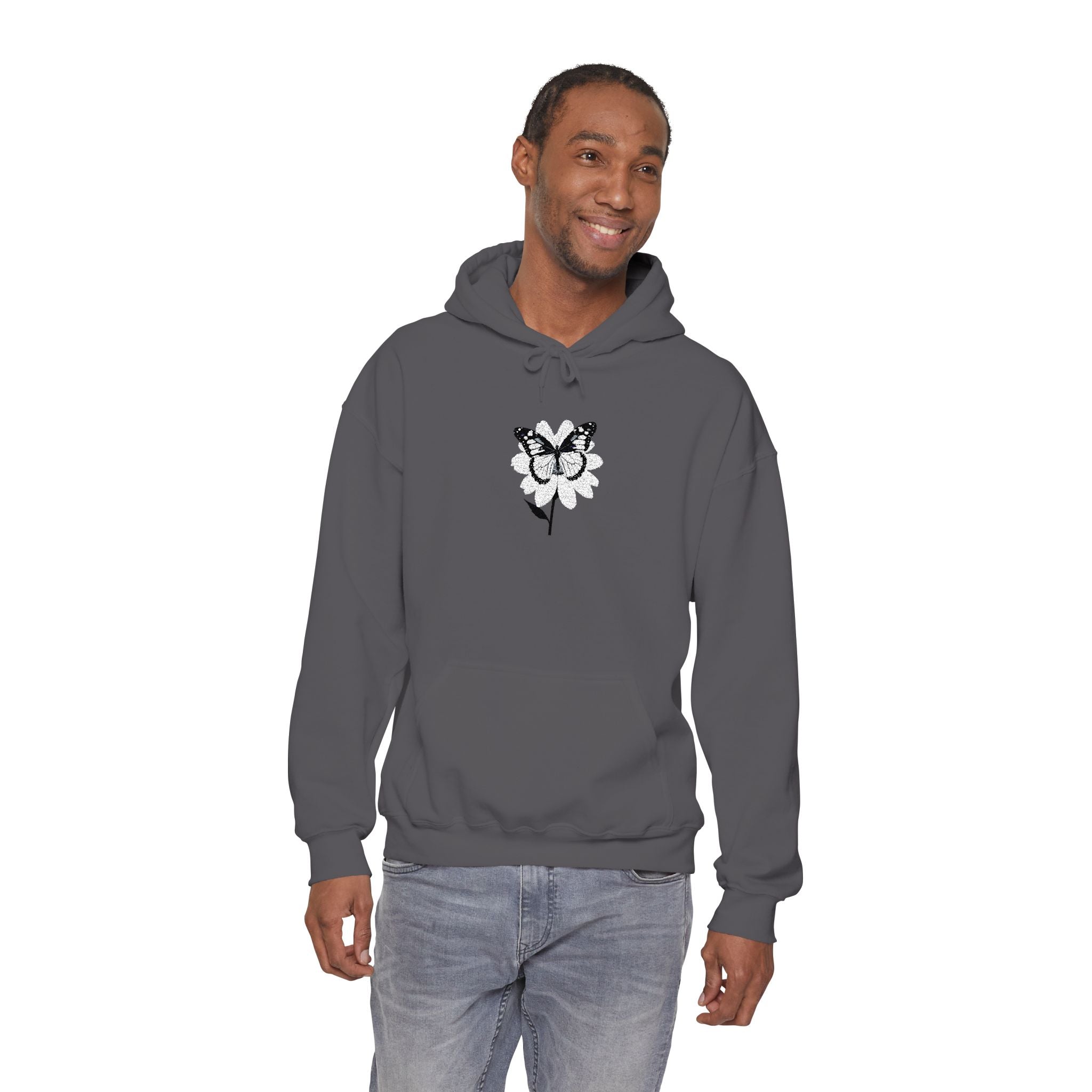 Embroidered Floral Butterfly Hoodie Monochrome Rose & Butterfly Graphic Sweatshirt
