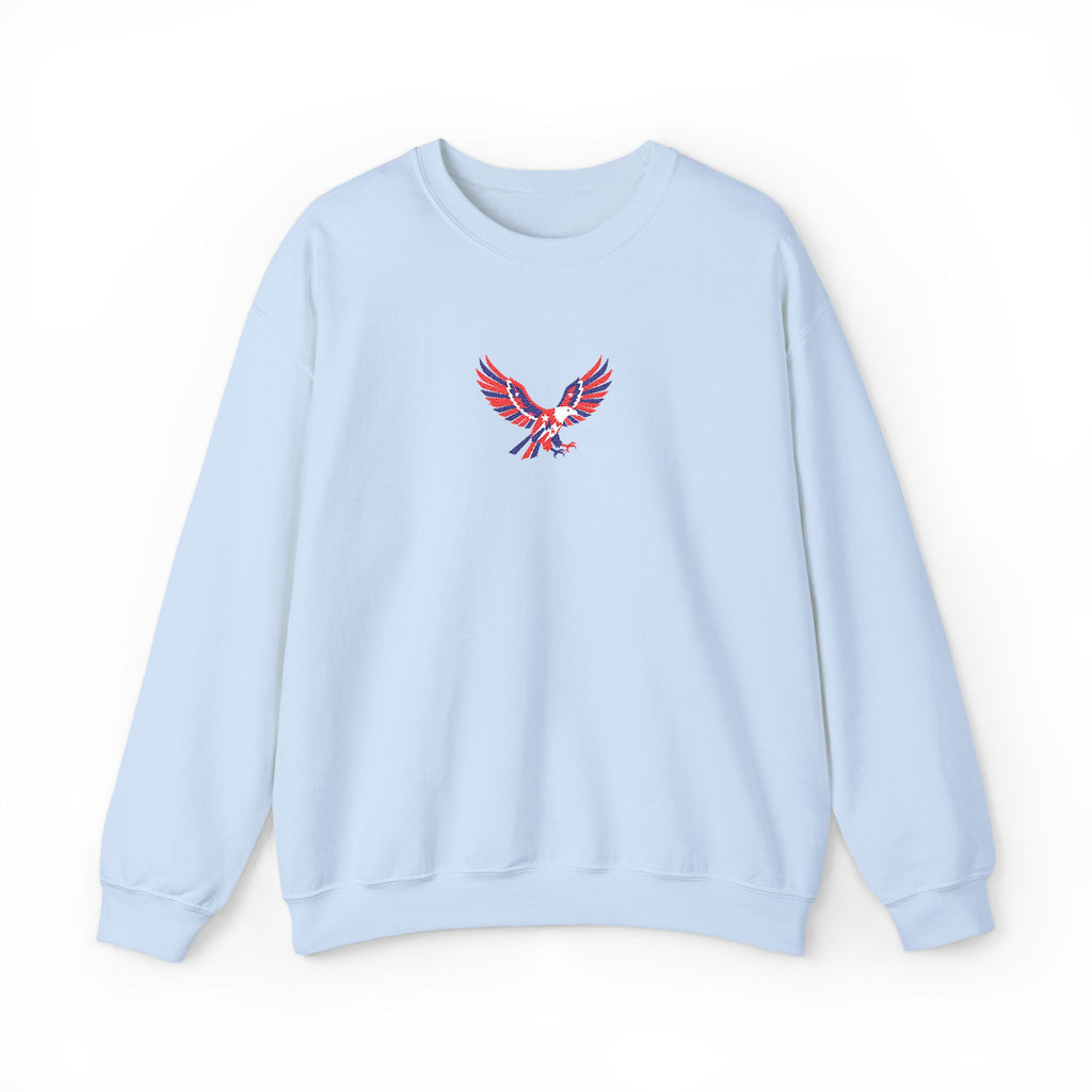 Light blue sweatshirt with a red and white emblem on a white background