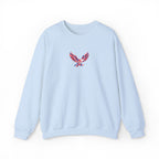 Light blue sweatshirt with a red and white emblem on a white background