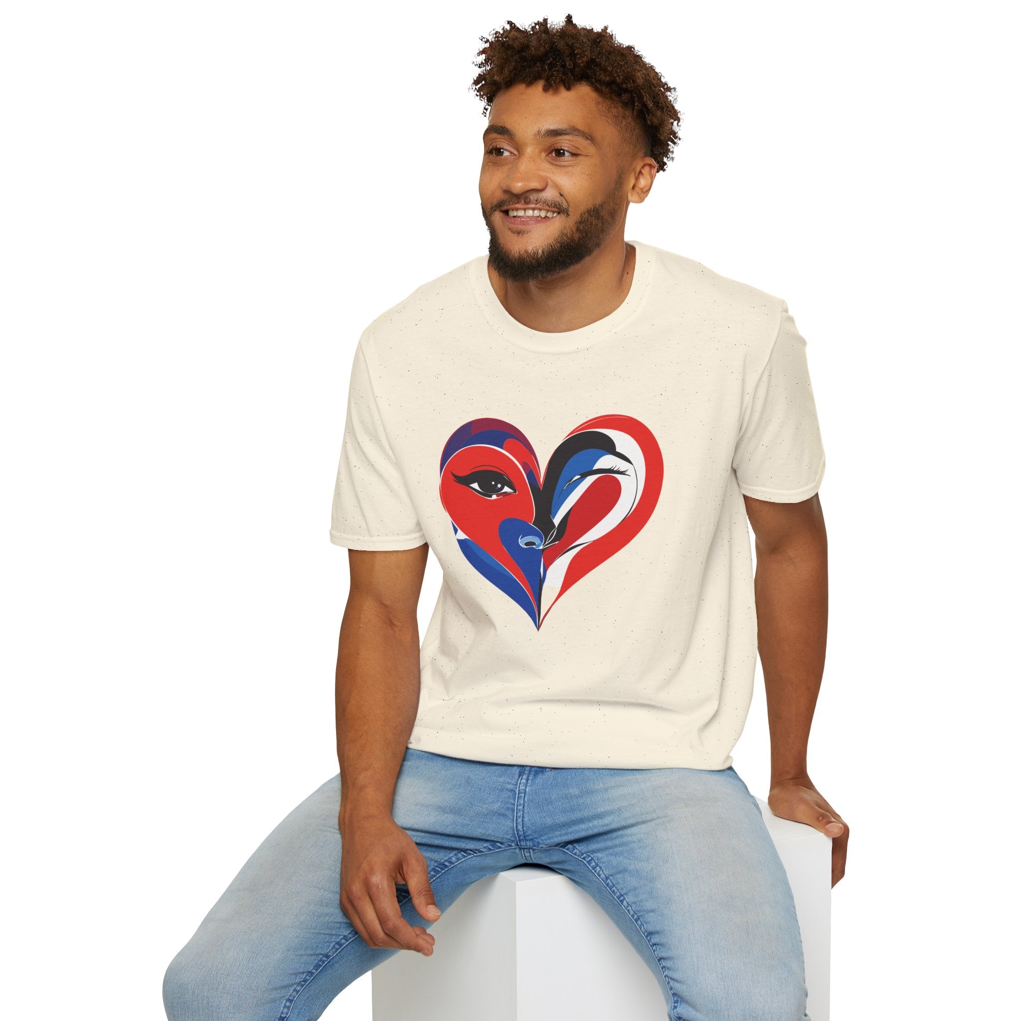 Heart Face Graphic T‑Shirt Red & Blue Abstract Love Design