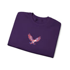 Folded navy blue shirt with a red and white eagle design on a white background