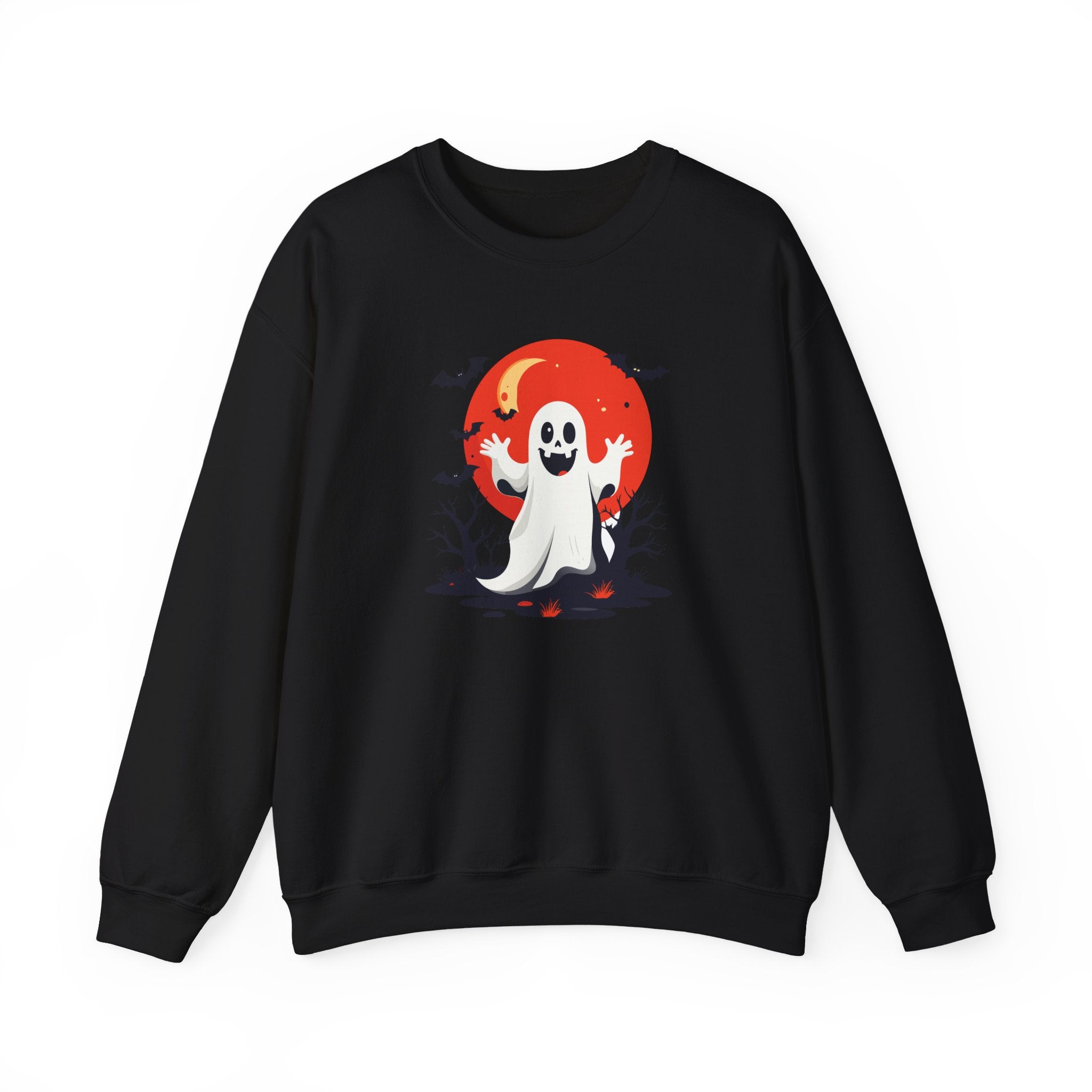 Crewneck Sweatshirt - Cute Ghost & Red Moon Halloween Design