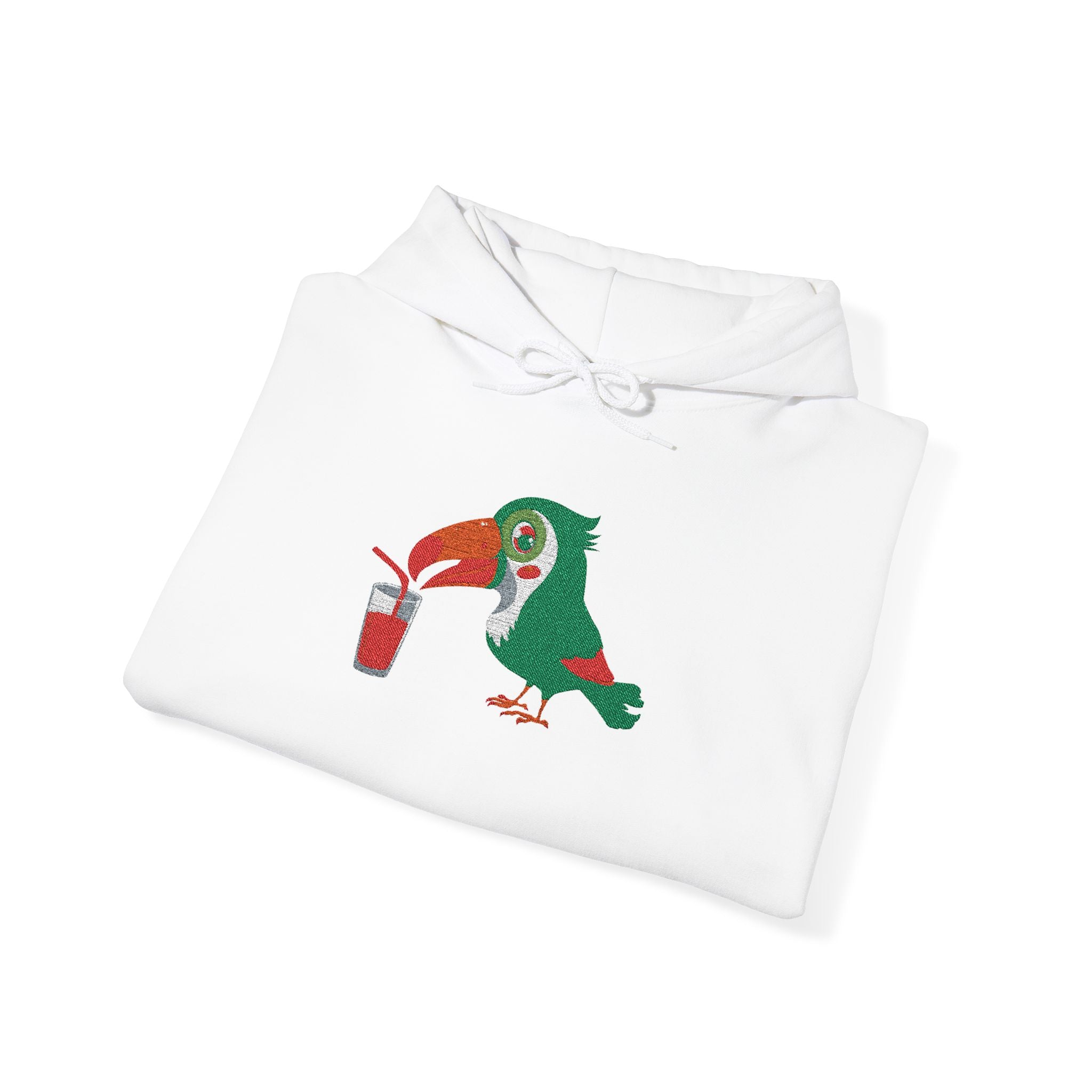 White hoodie with a colorful parrot design on a white background