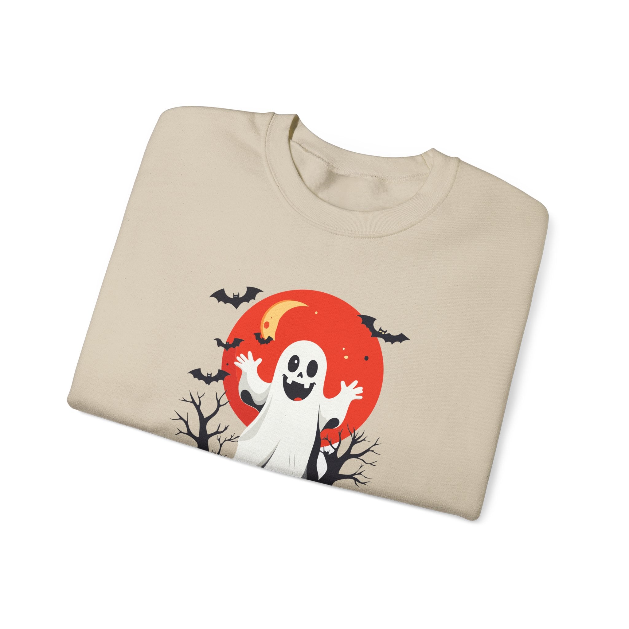 Crewneck Sweatshirt - Cute Ghost & Red Moon Halloween Design