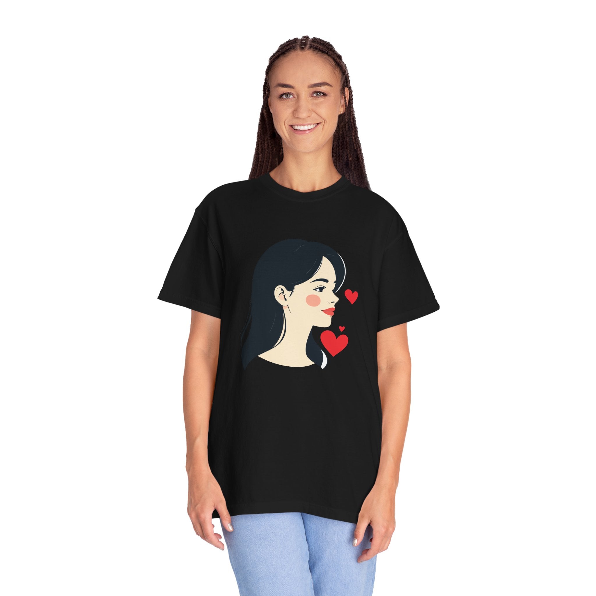 T-Shirt — Minimal Cute Girl Profile with Hearts Graphic