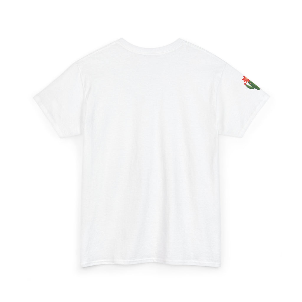 White t-shirt with a small logo on the back against a white background