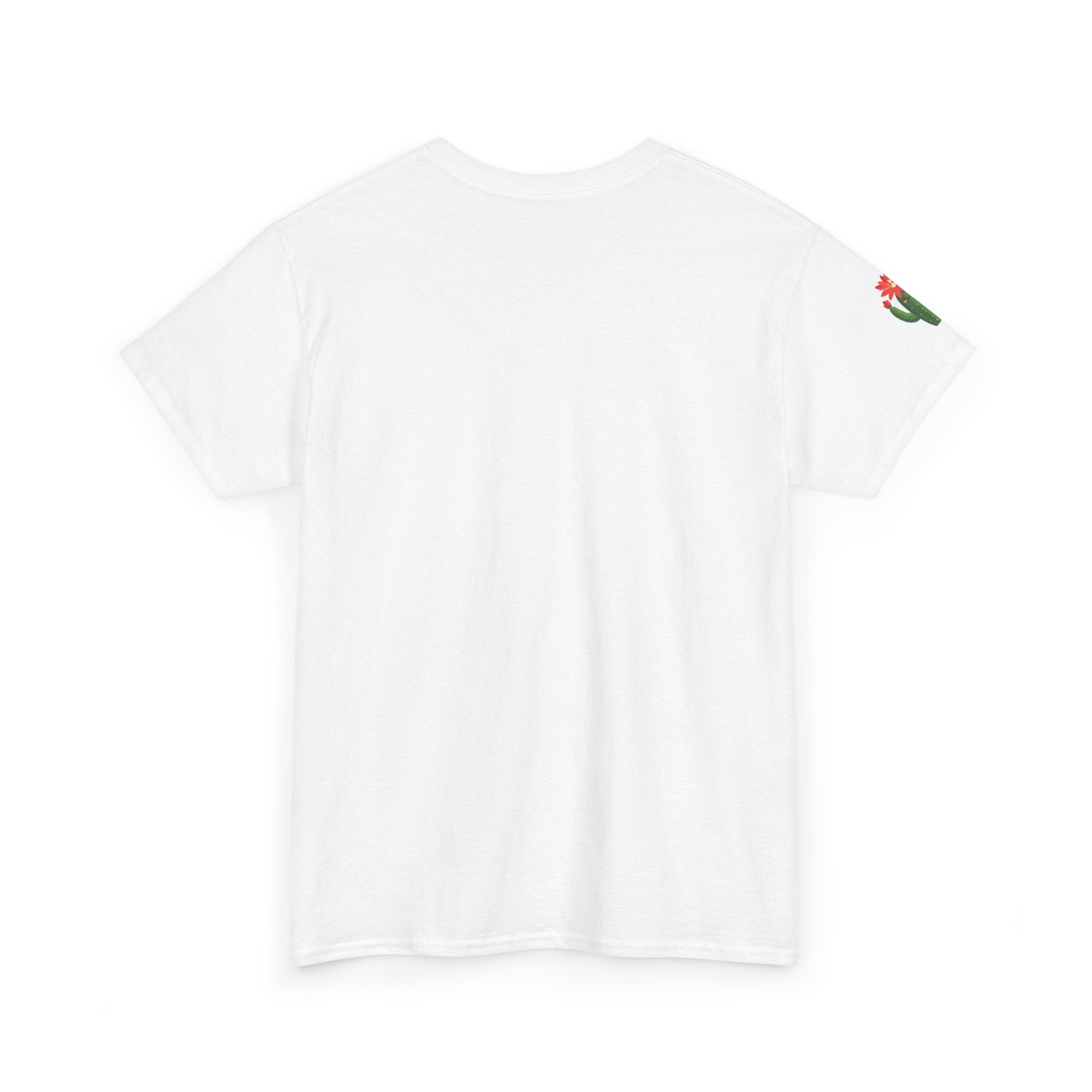 White t-shirt with a small logo on the back against a white background