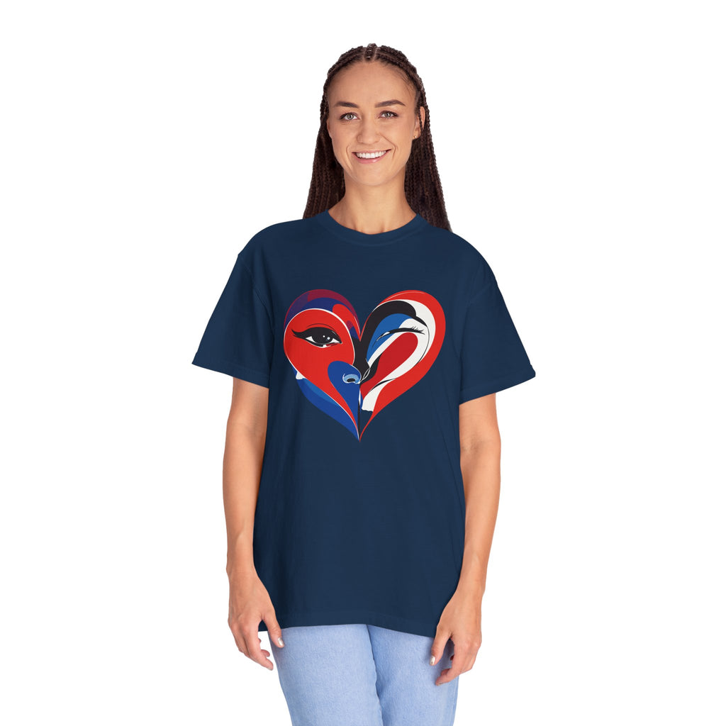 Heart Art Graphic Tee Red & Blue Woman Face Heart Design