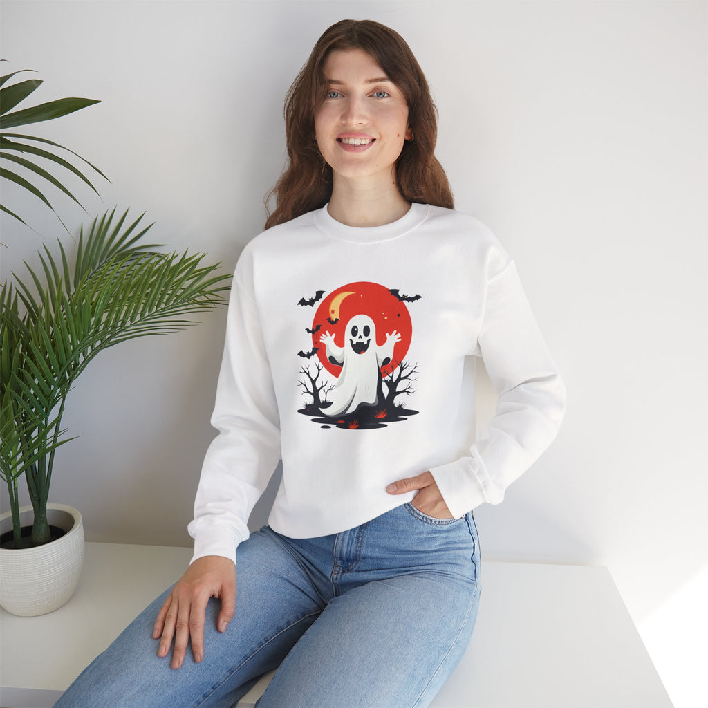 Crewneck Sweatshirt - Cute Ghost & Red Moon Halloween Design