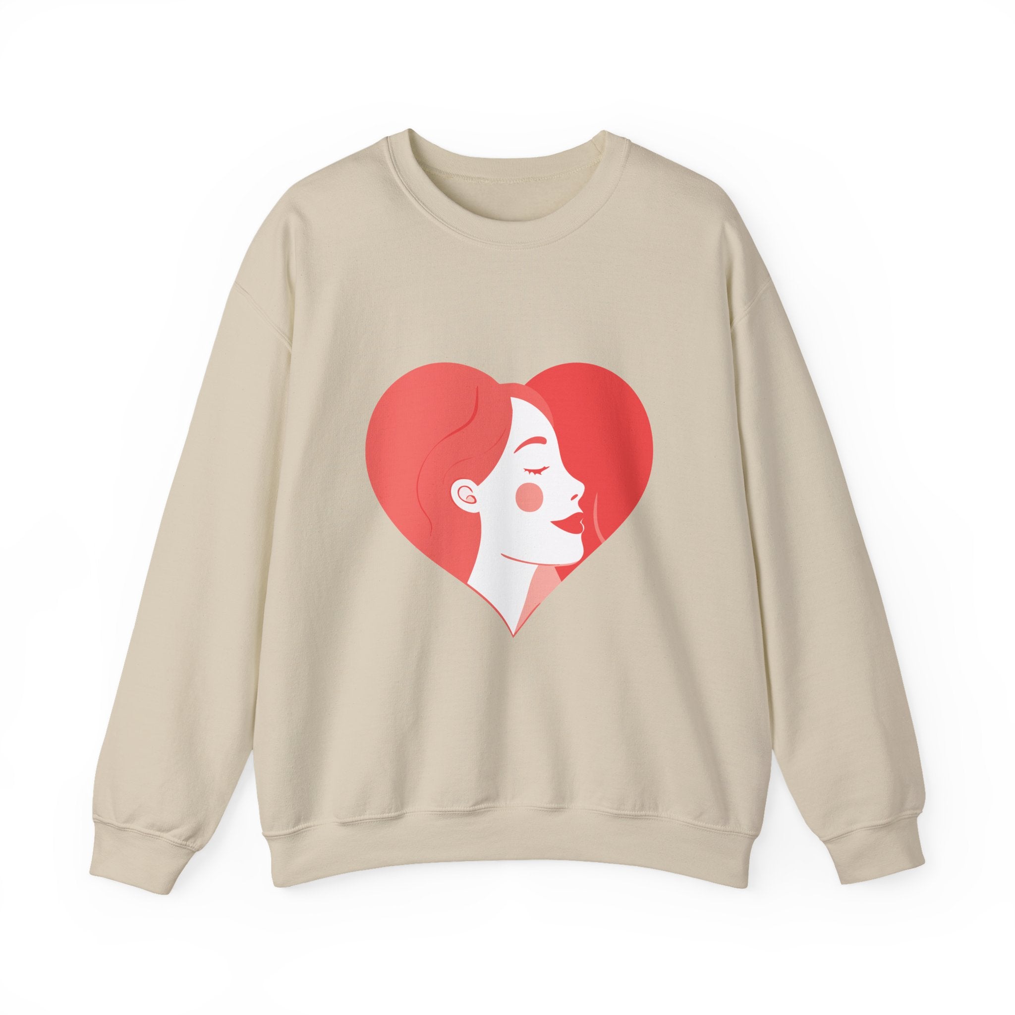 Heart Profile Crewneck Sweatshirt — Minimal Red Heart Portrait Graphic, Women face in Heart