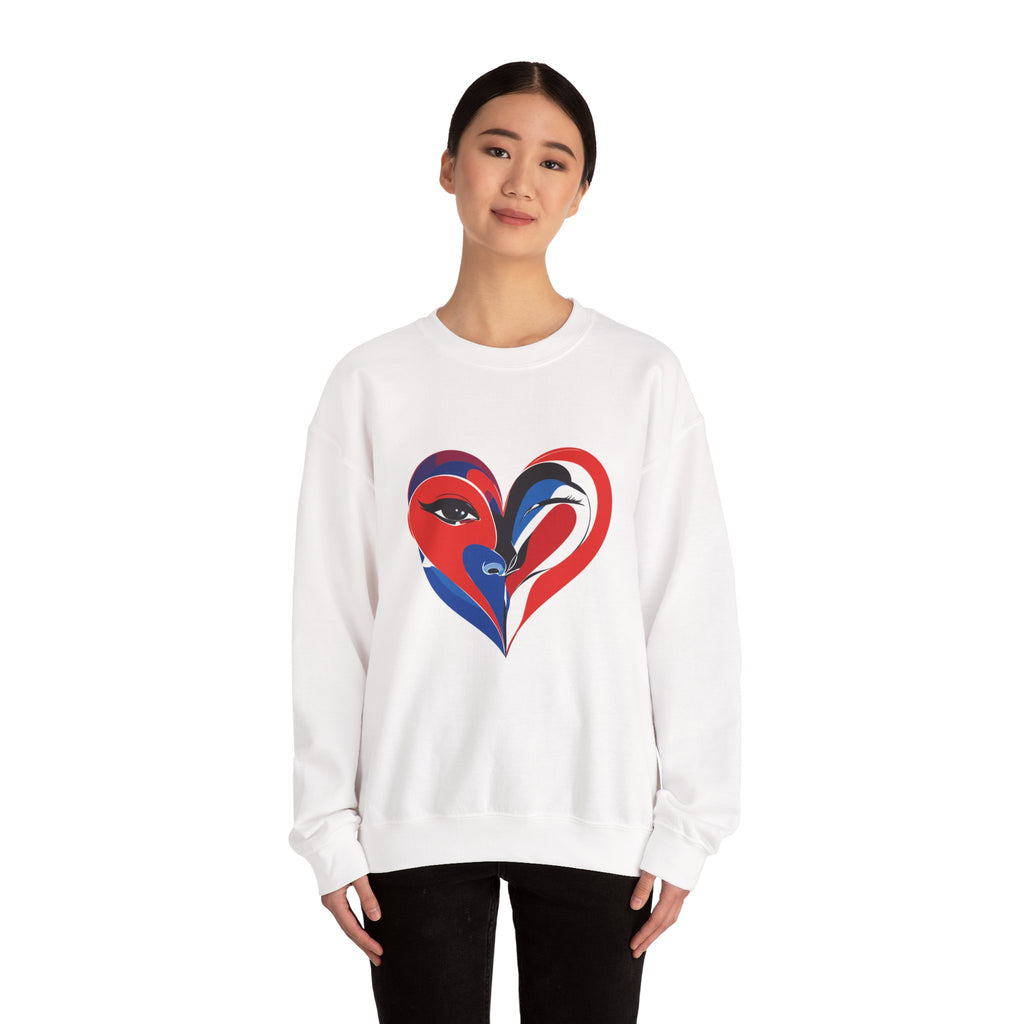 Heart Face Crewneck Sweatshirt Abstract Red & Blue Love Graphic
