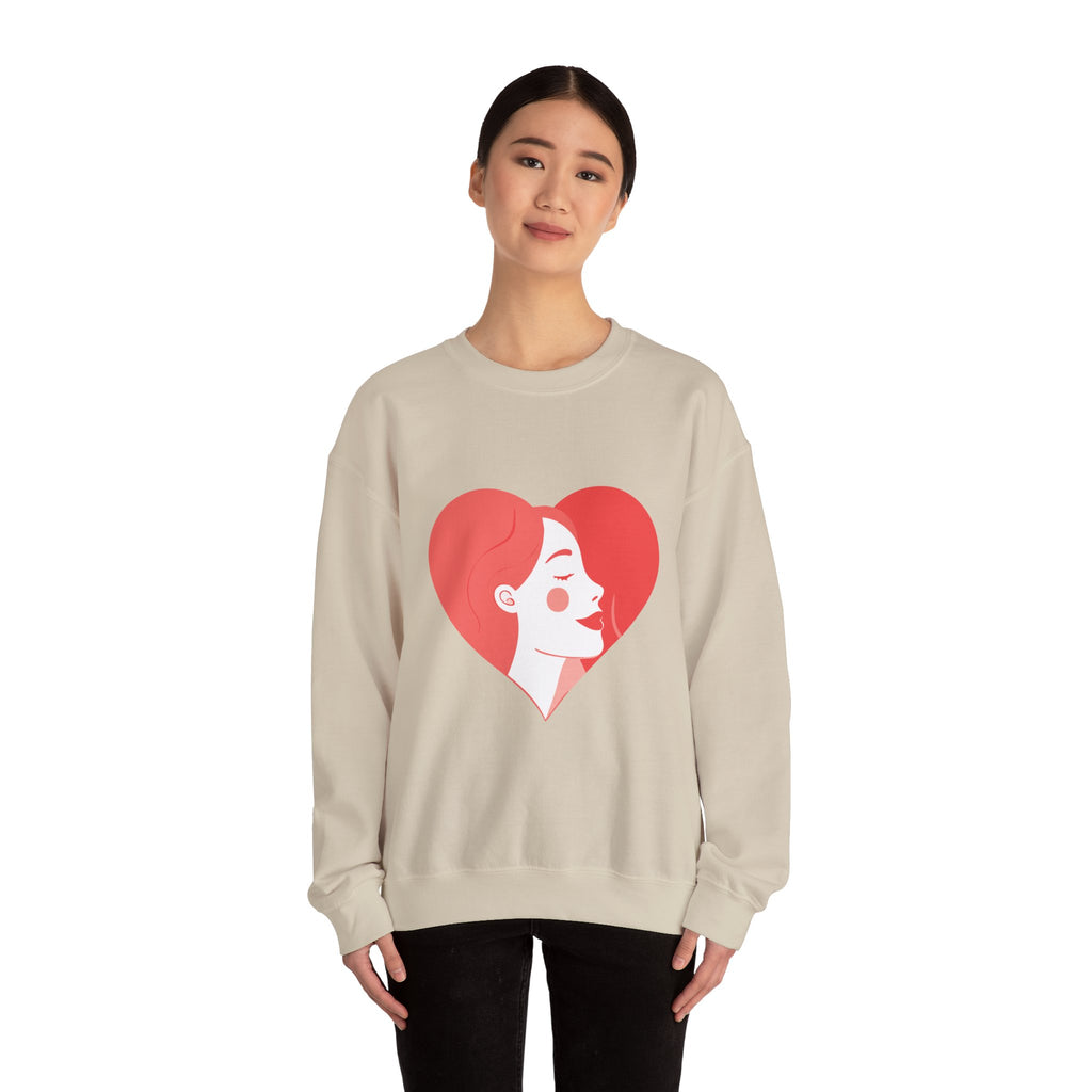 Heart Profile Crewneck Sweatshirt — Minimal Red Heart Portrait Graphic, Women face in Heart