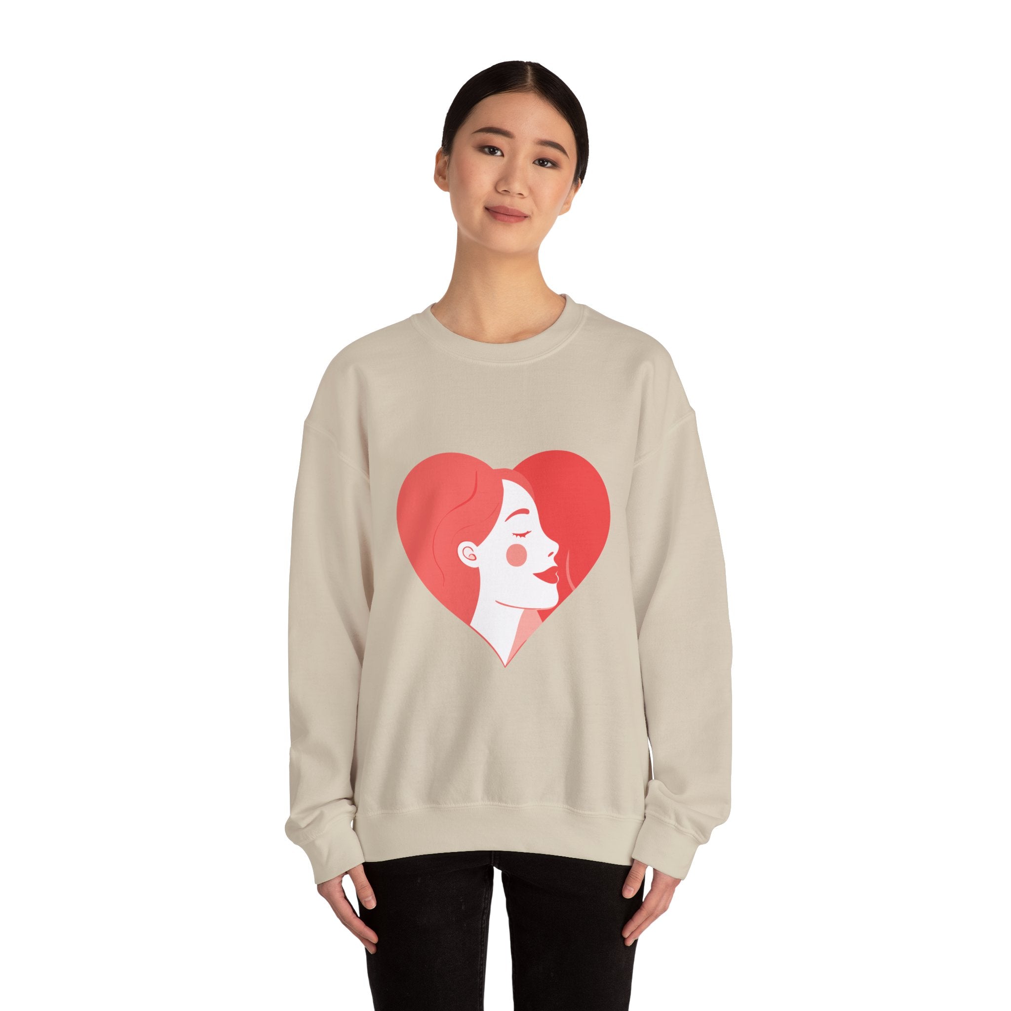 Heart Profile Crewneck Sweatshirt — Minimal Red Heart Portrait Graphic, Women face in Heart