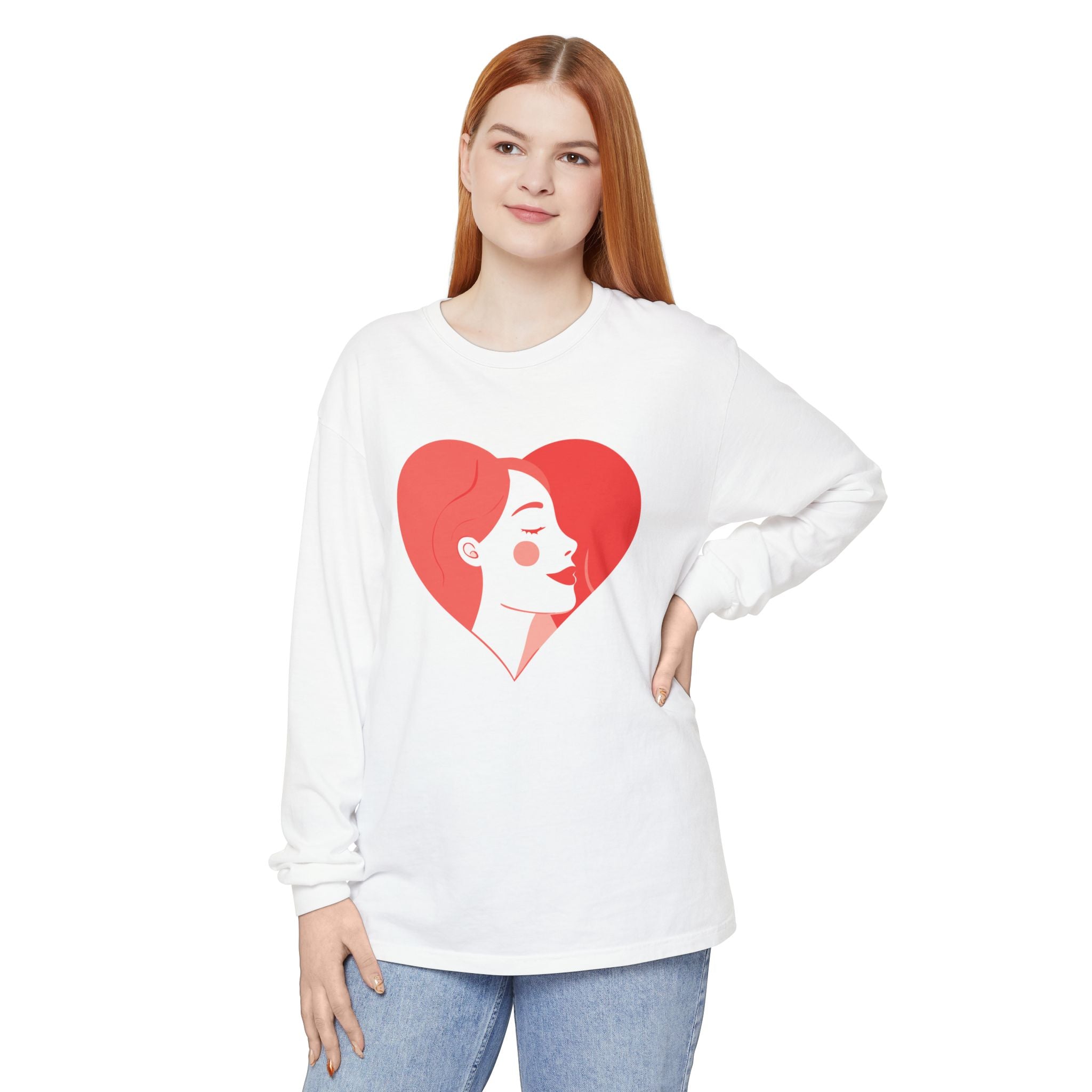 Heart Portrait Long Sleeve Tee — Romantic Red Lady Graphic