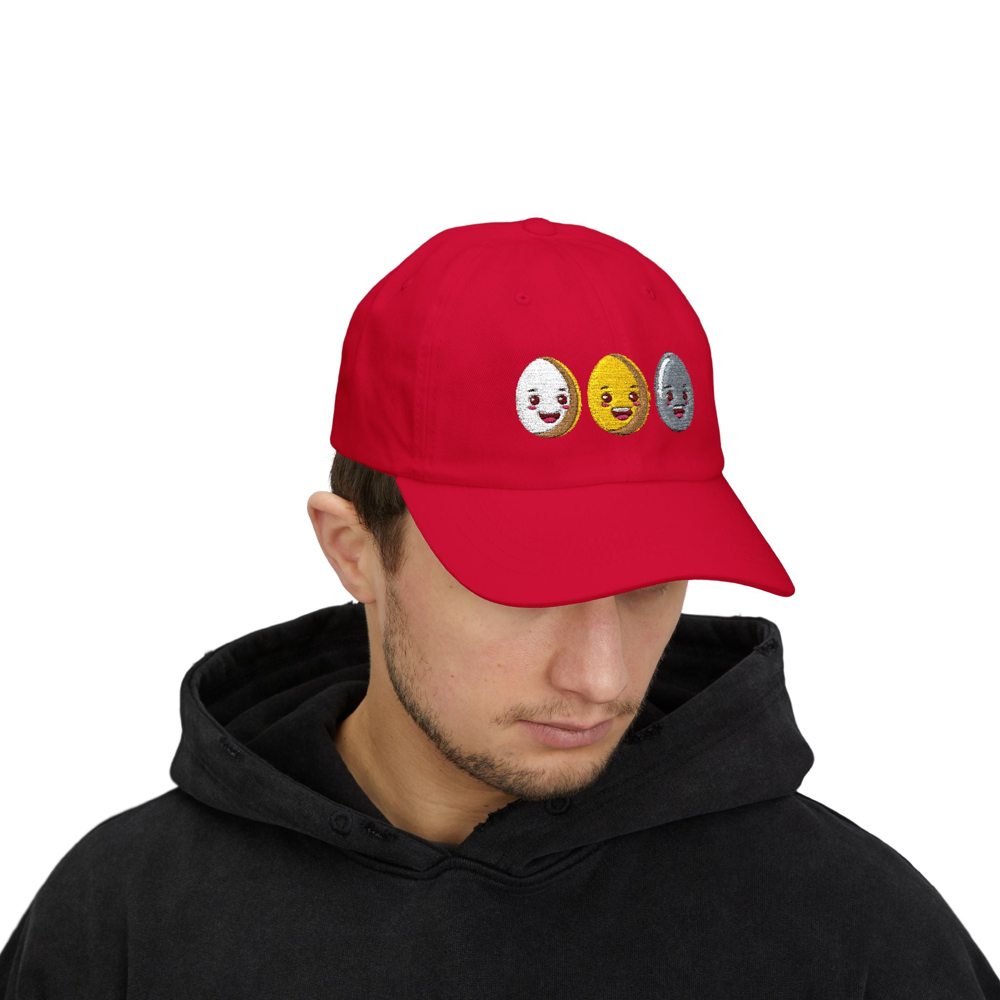 Dad Cap Sequin Egg Trio Embroidered Hat (Cute Breakfast Emoji)