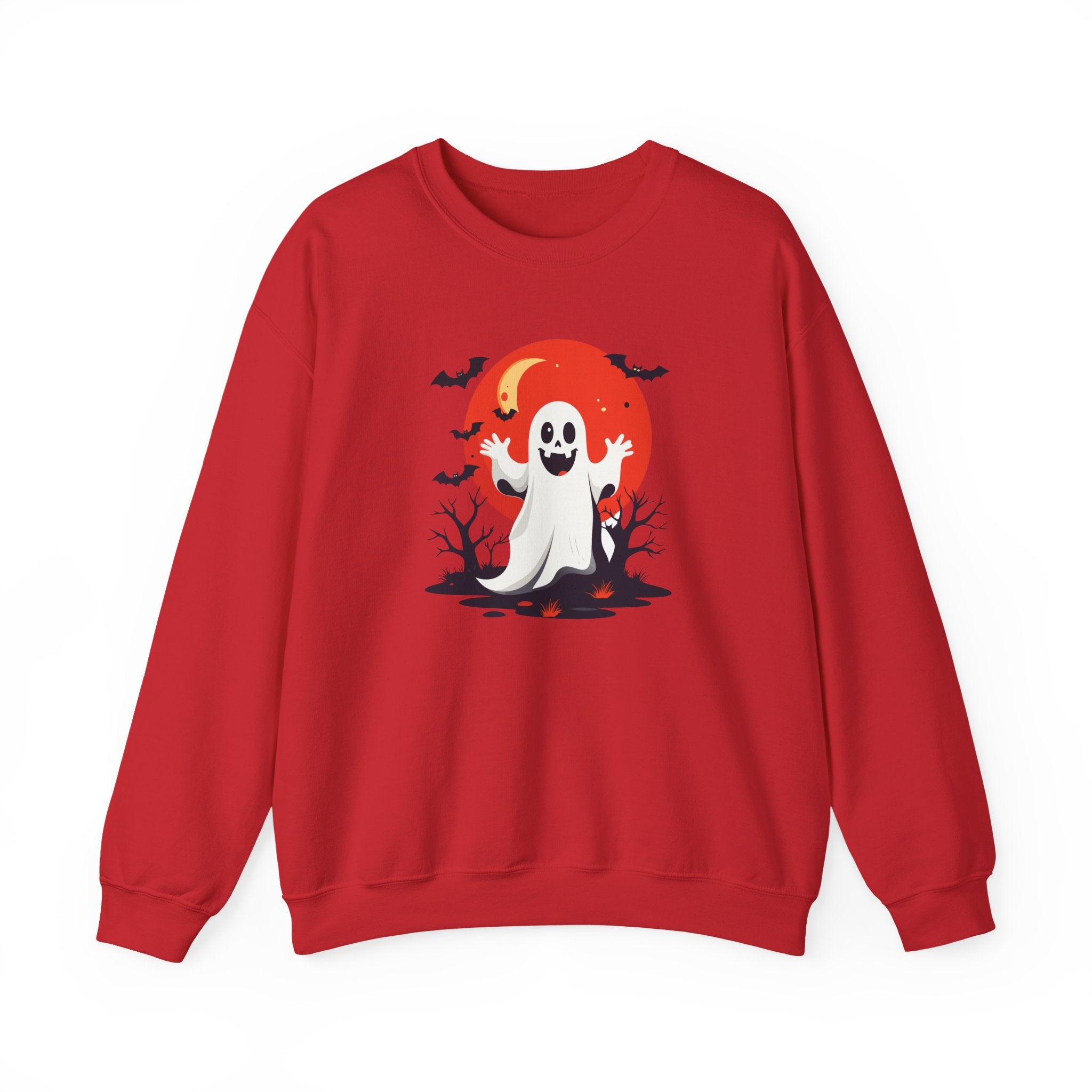 Crewneck Sweatshirt - Cute Ghost & Red Moon Halloween Design