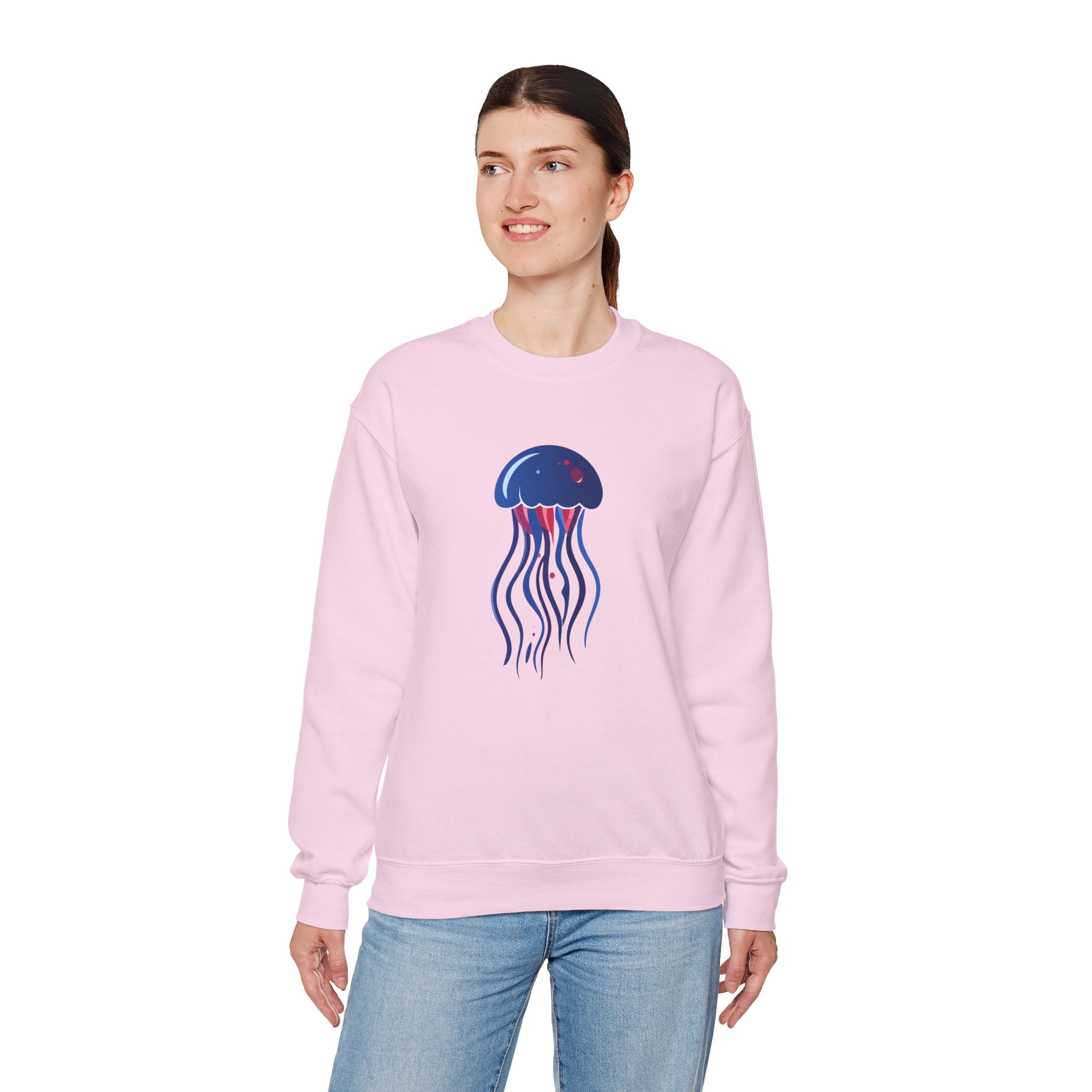 Jellyfish Graphic Crewneck Sweatshirt Cute Blue & Pink Ocean Animal Tee for Beach Lovers