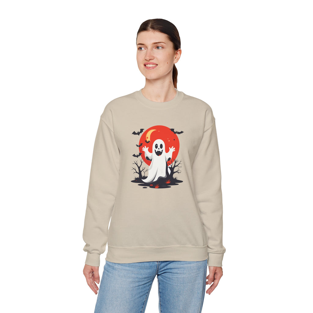 Crewneck Sweatshirt - Cute Ghost & Red Moon Halloween Design