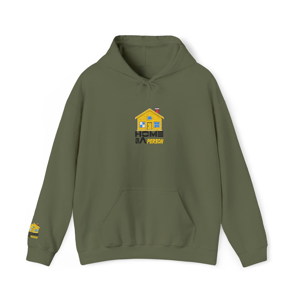 Green hoodie with a house graphic and text on a white background
