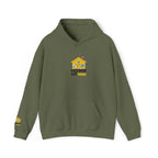 Green hoodie with a house graphic and text on a white background