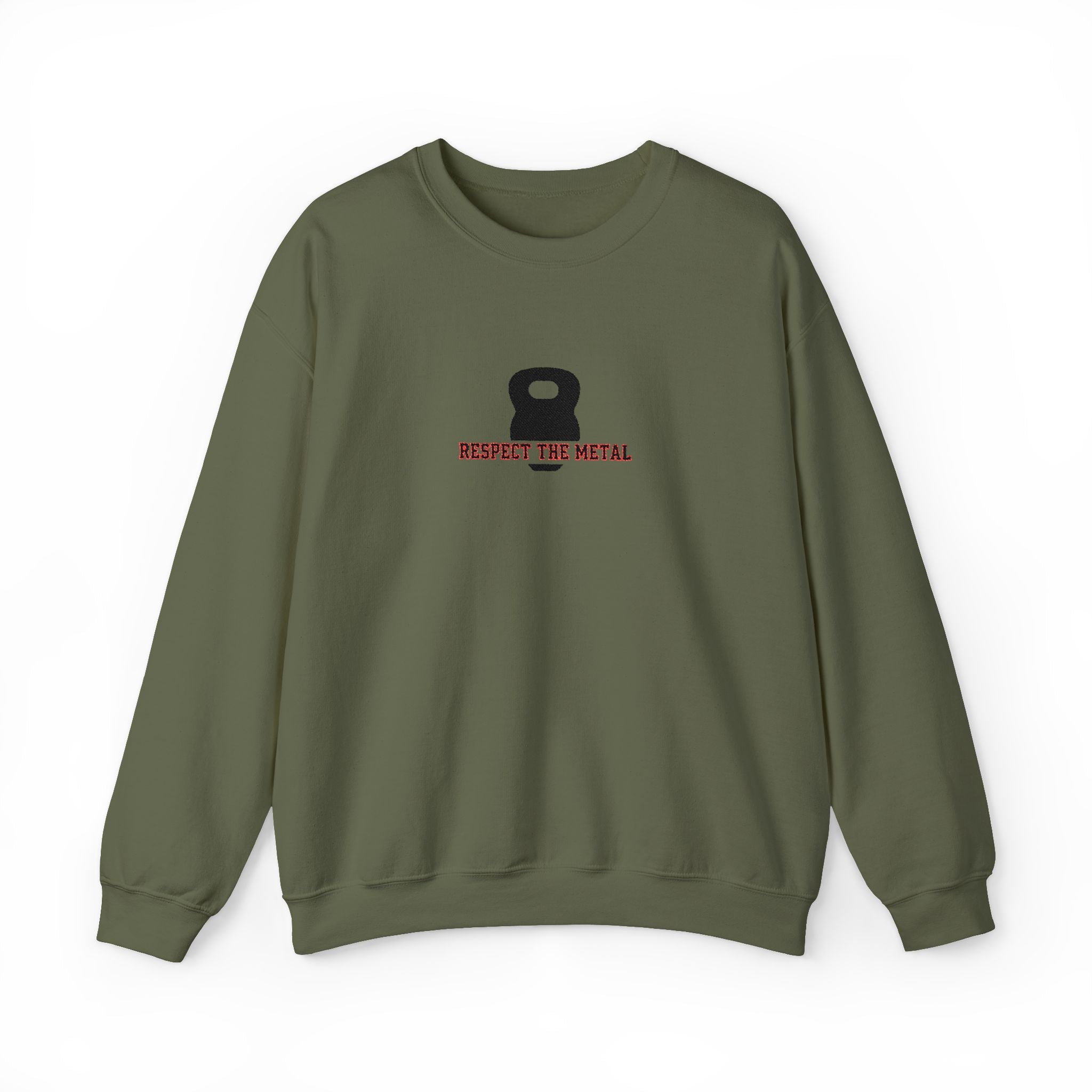 Green sweatshirt with a kettlebell graphic and text on a white background