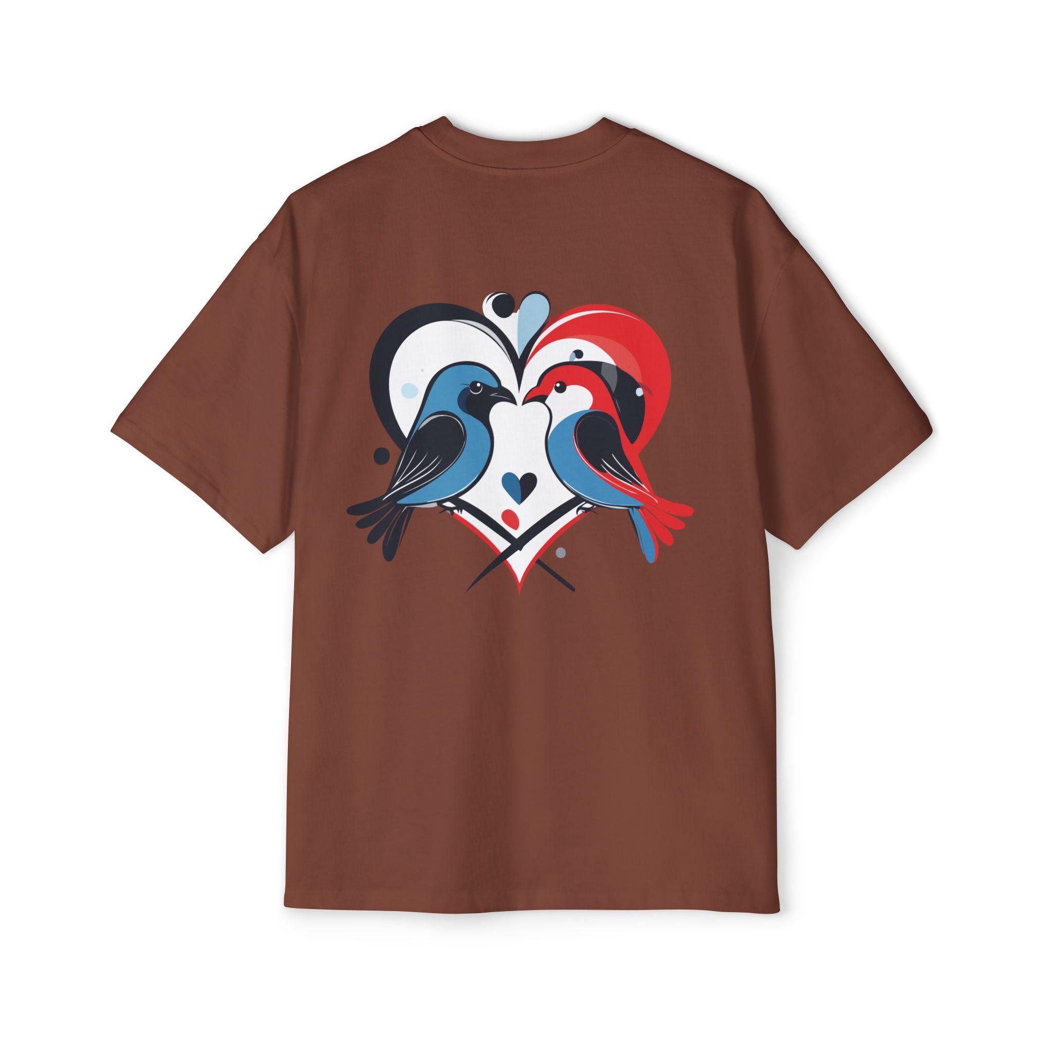 Brown t-shirt with a colorful graphic of two birds on the back against a white background