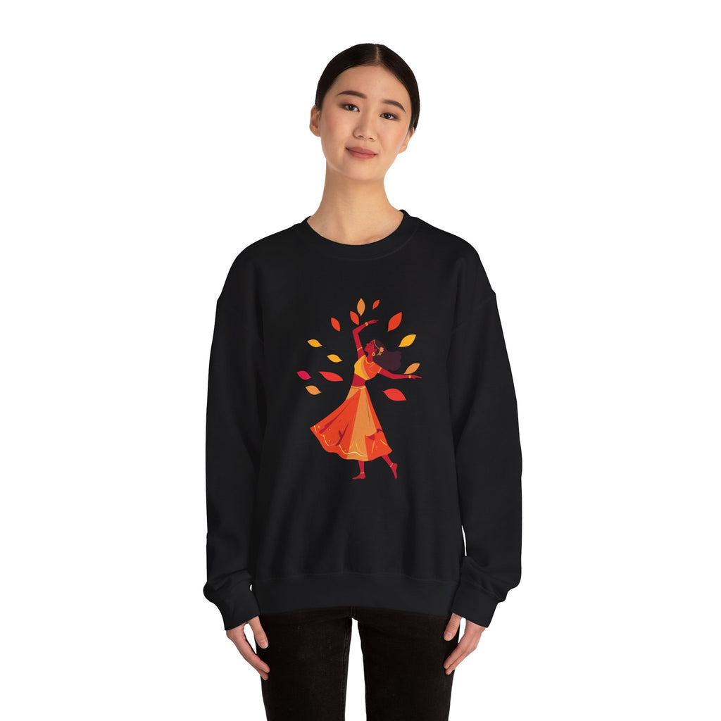 Black sweatshirt with a colorful graphic design on a white background