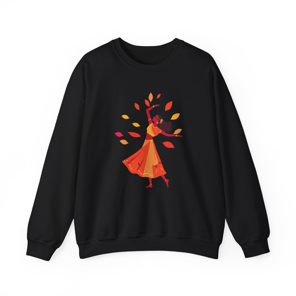 Black sweatshirt with a colorful graphic design on a white background