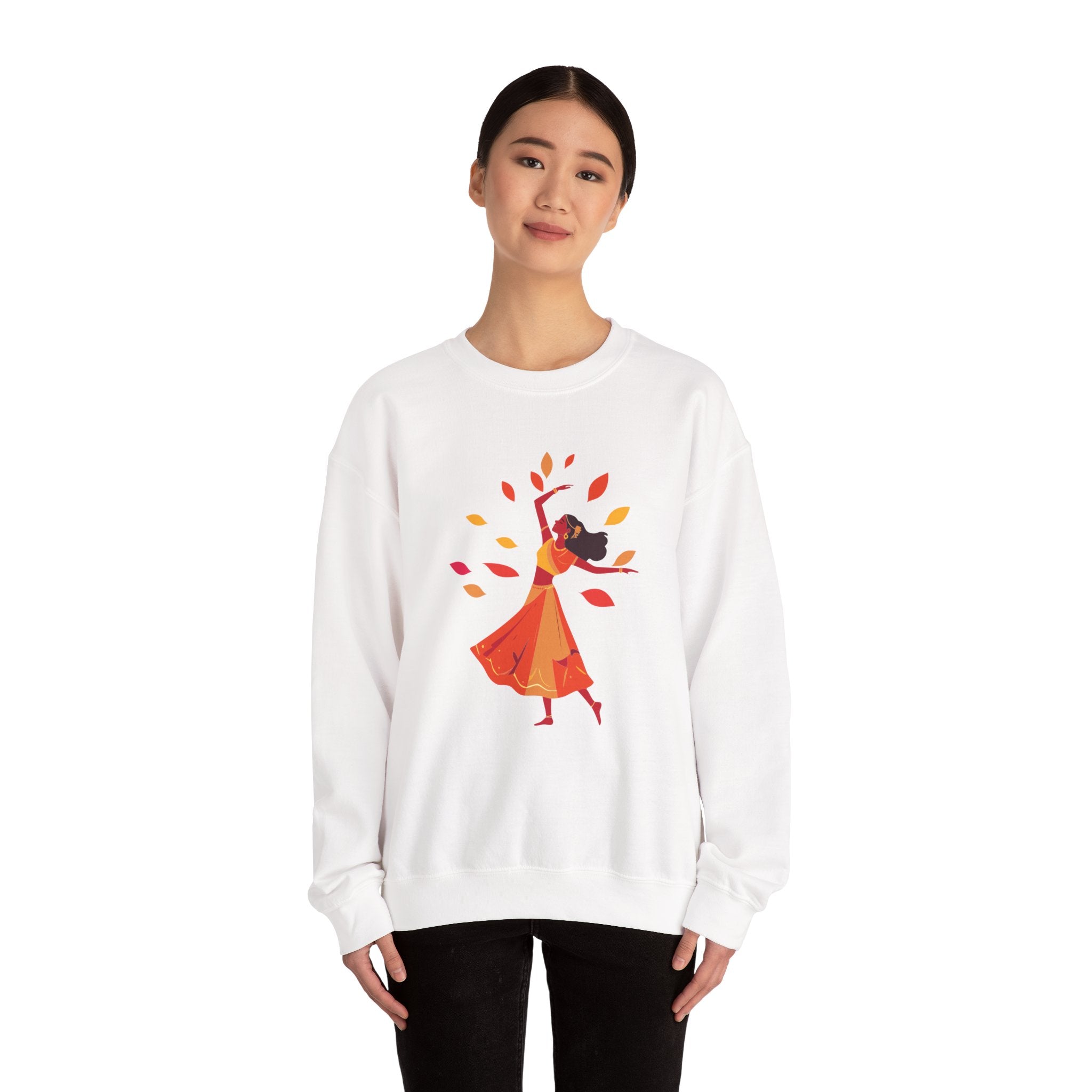 Person wearing a white sweatshirt with a colorful graphic design on a white background