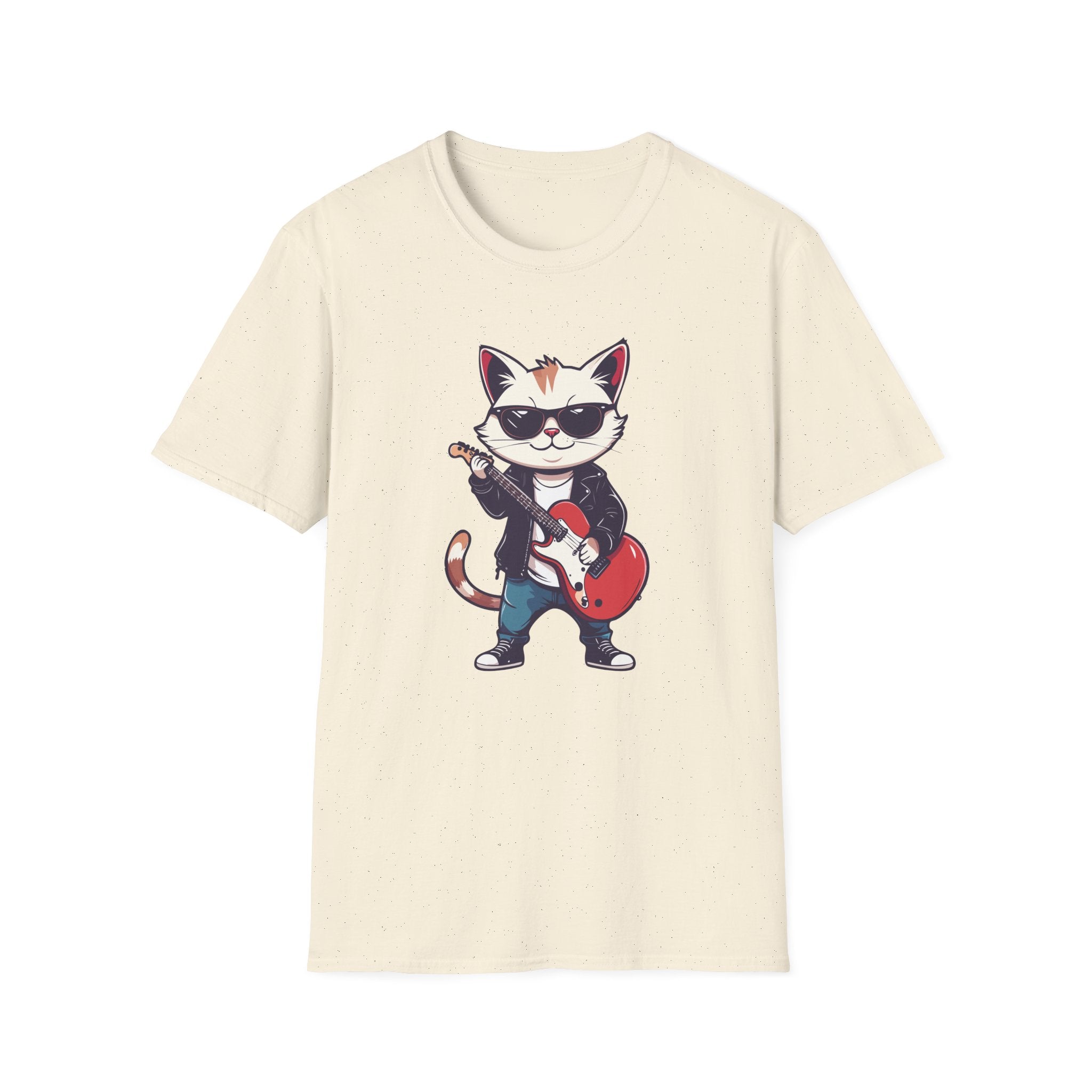 Beige t-shirt with a cat playing guitar graphic on a white background